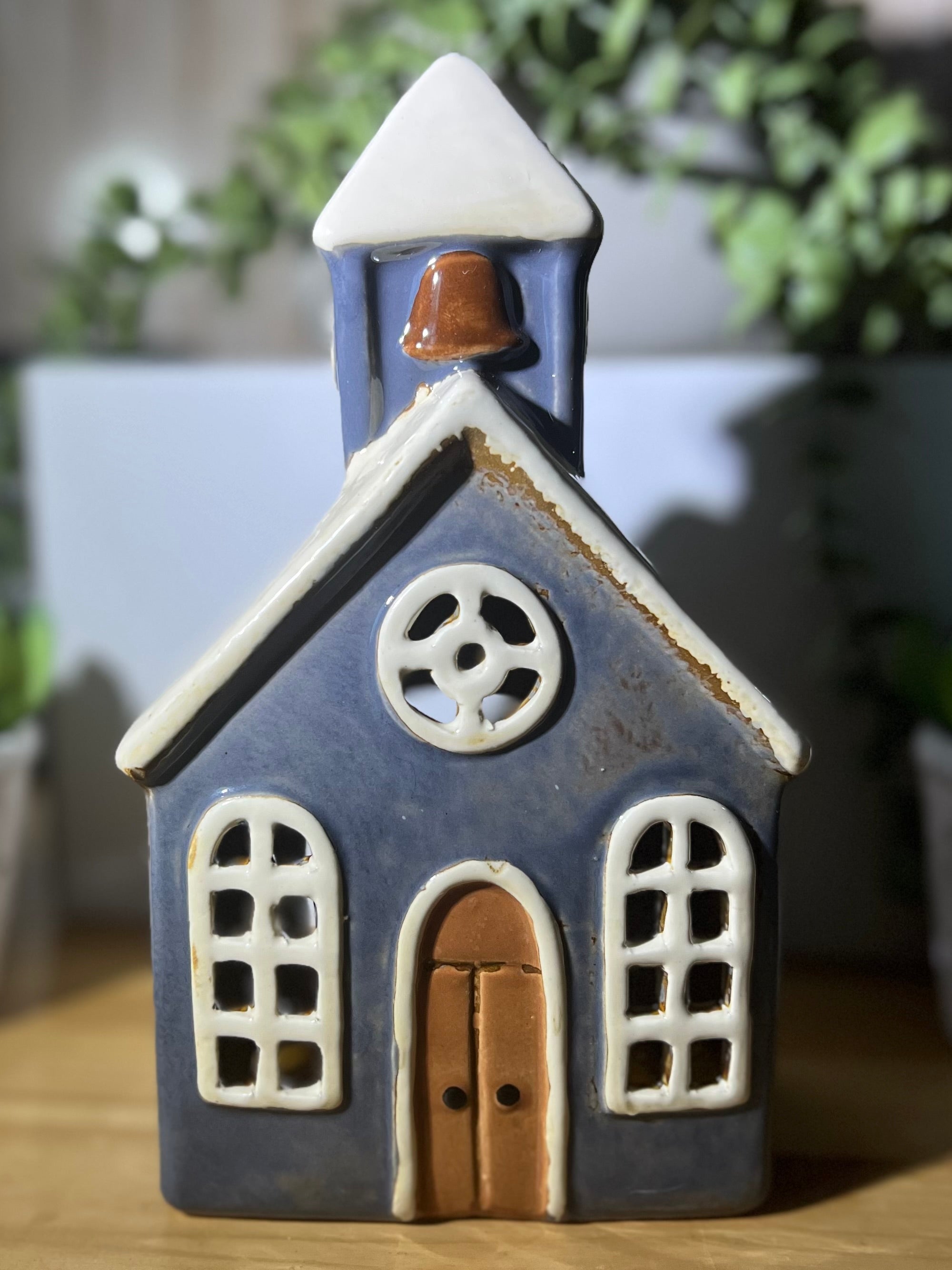 Small Ceramic Church Tea Light Holder with a Bell Tower