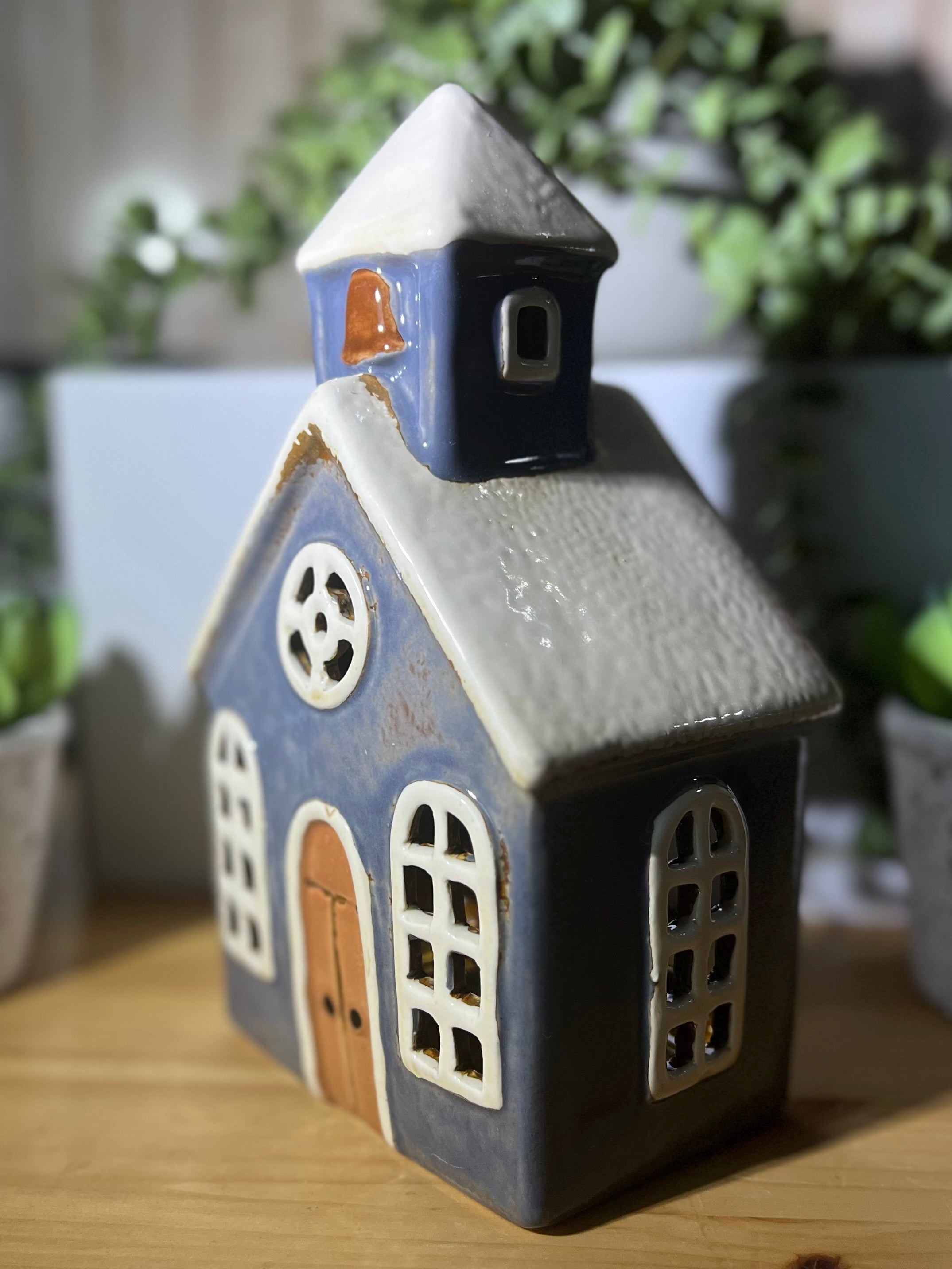 Small Ceramic Church Tea Light Holder with a Bell Tower