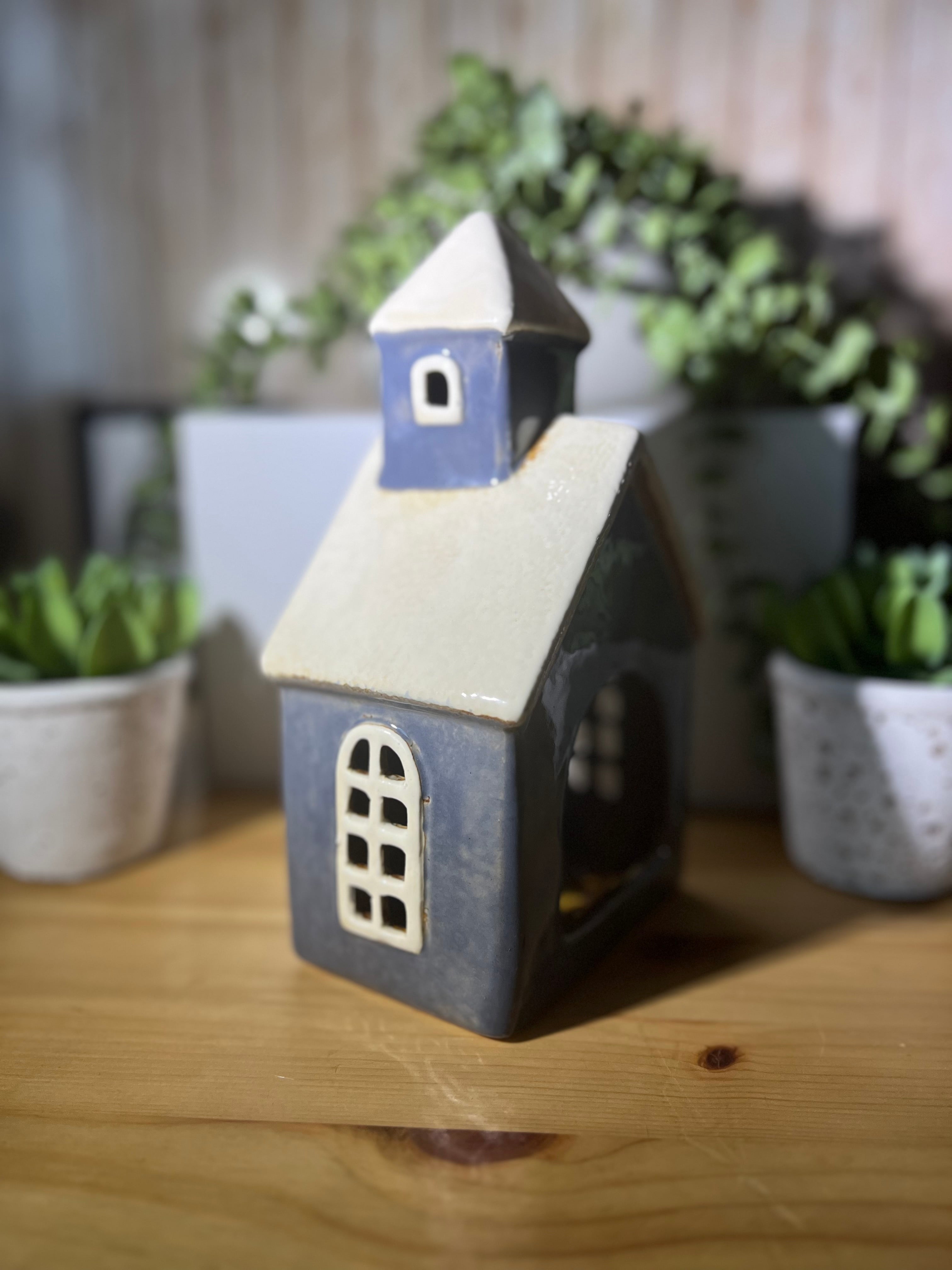Small Ceramic Church Tea Light Holder with a Bell Tower