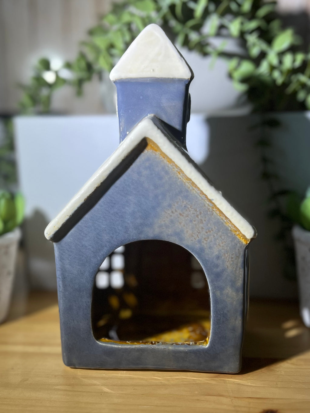 Small Ceramic Church Tea Light Holder with a Bell Tower