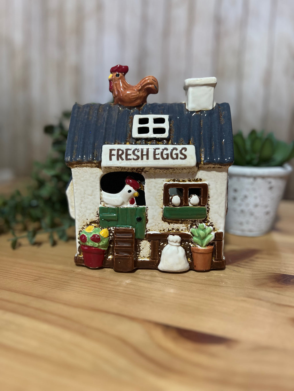 Fresh Eggs Chicken Coop Themed Tea Light Holder with Lots of Chicken Detail