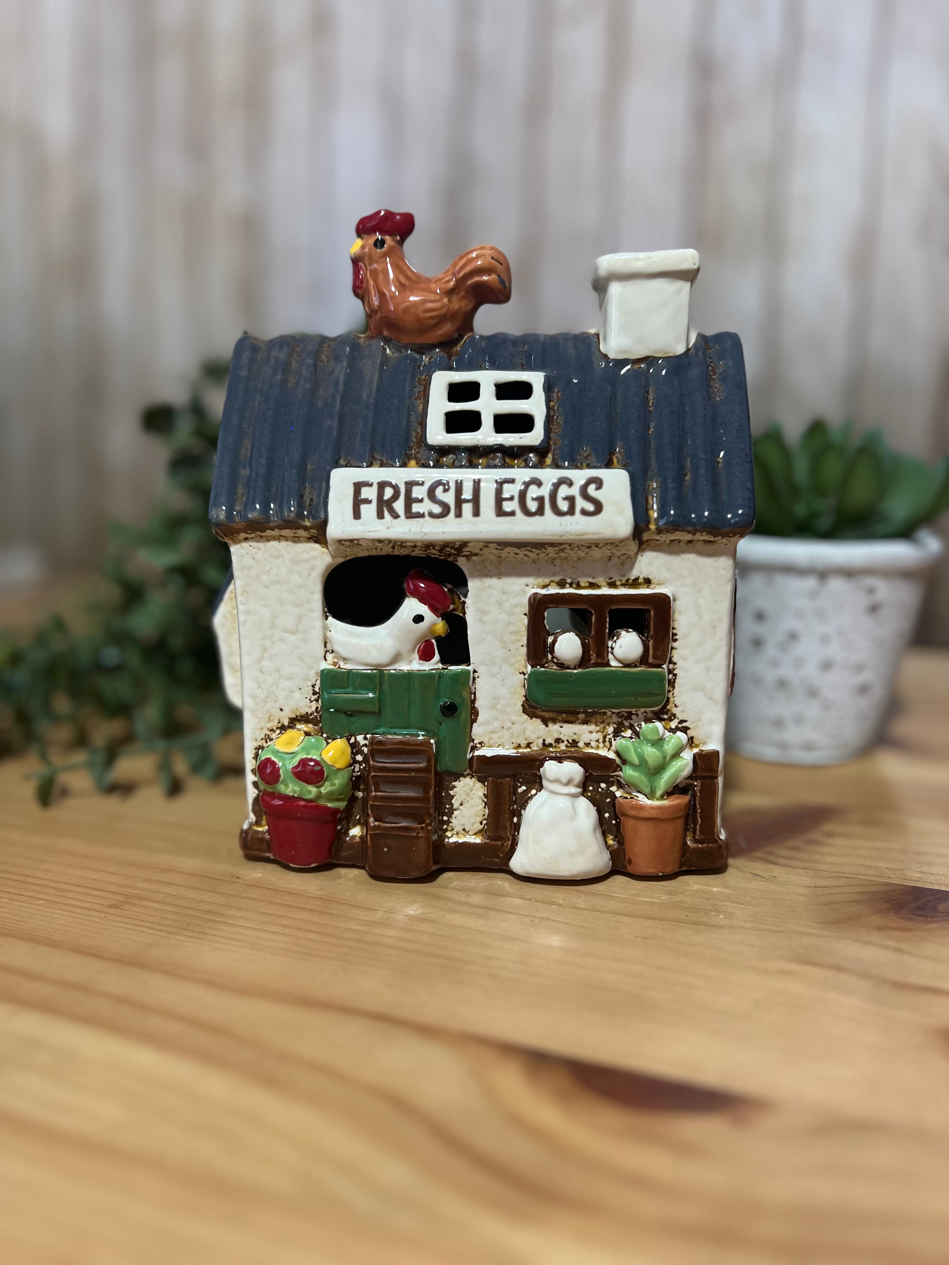 Fresh Eggs Chicken Coop Themed Tea Light Holder with Lots of Chicken Detail