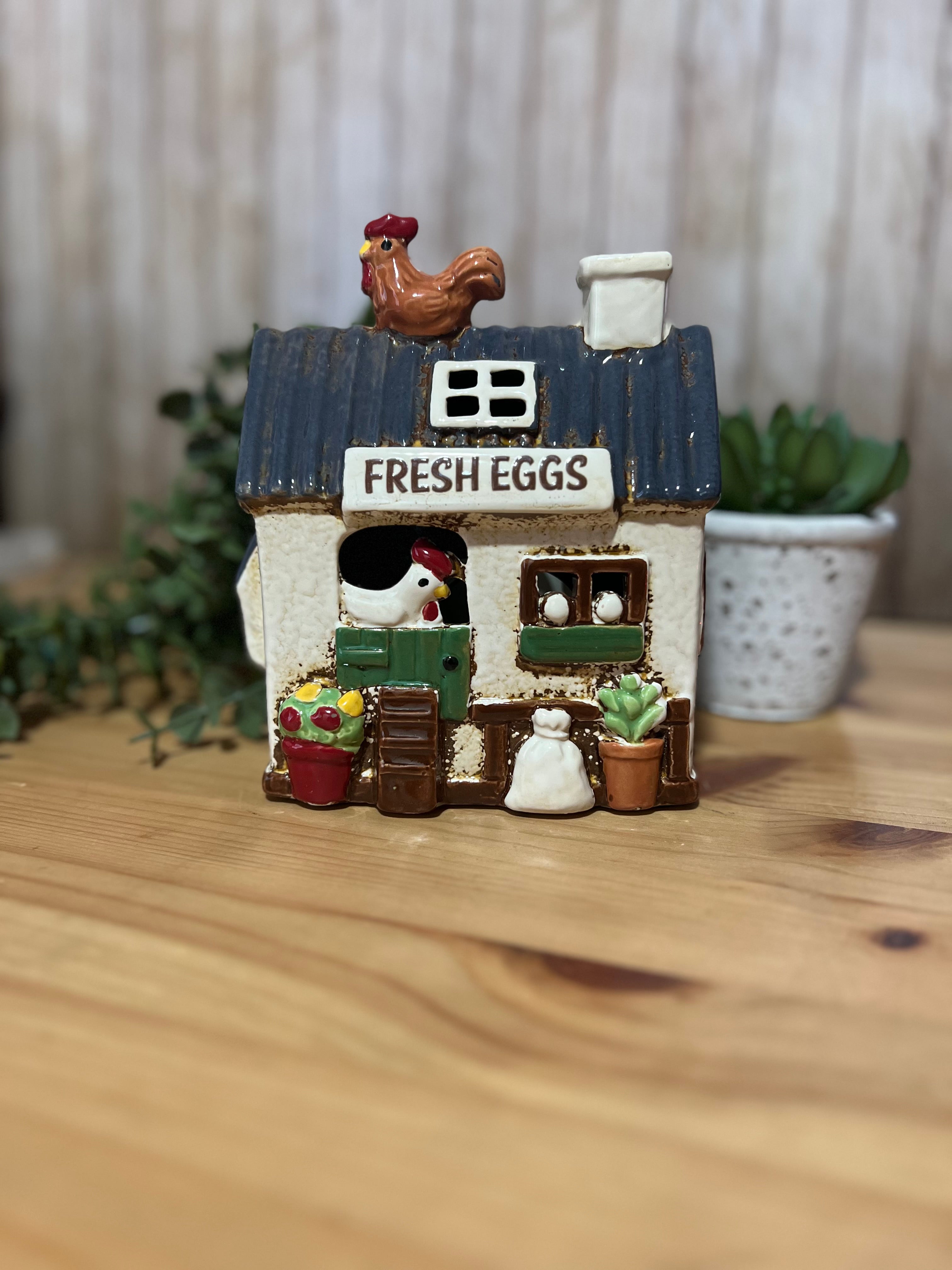 Fresh Eggs Chicken Coop Themed Tea Light Holder with Lots of Chicken Detail