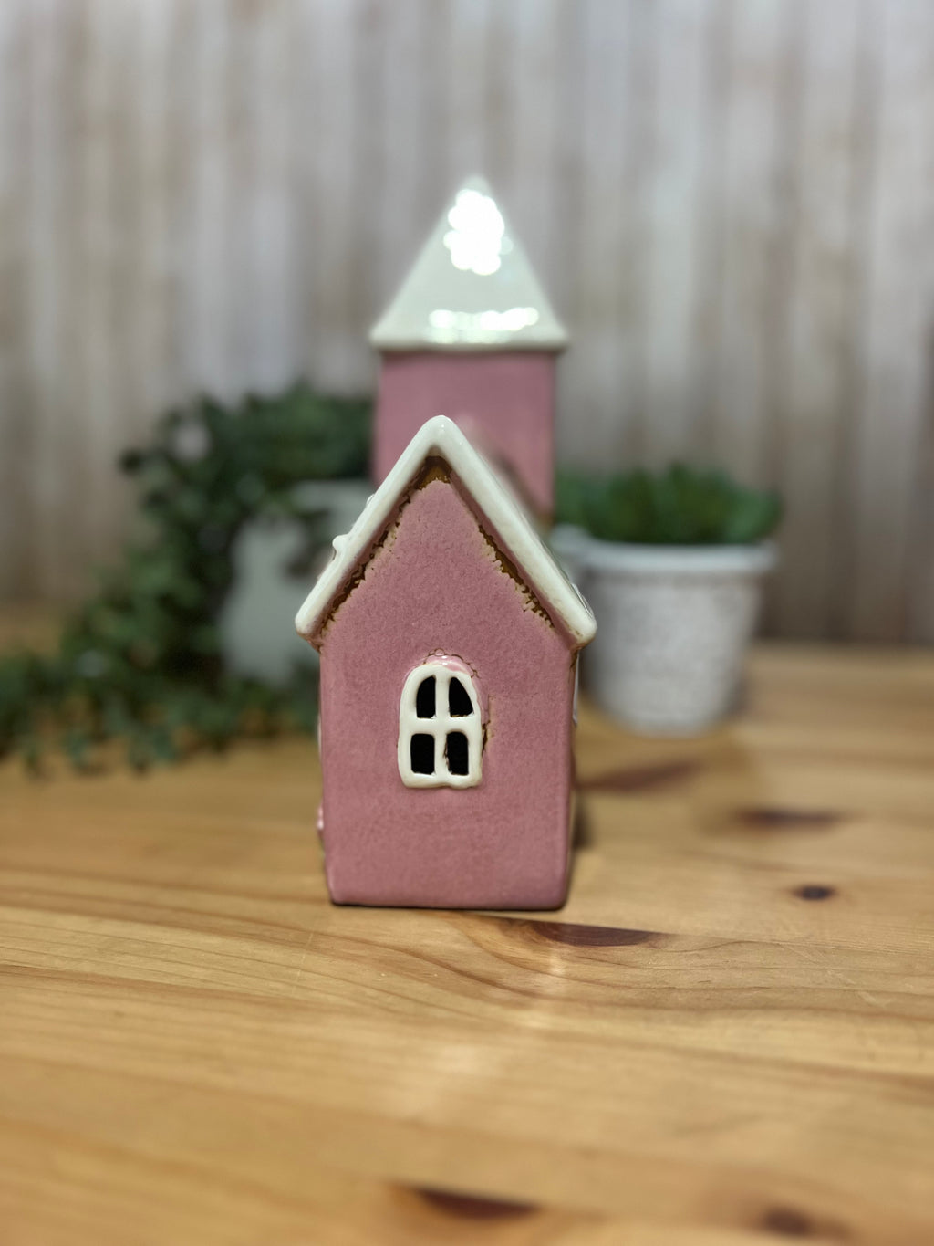Ceramic Church Themed Tea Light with the Words Church Fete on it in a Pink and White Colour