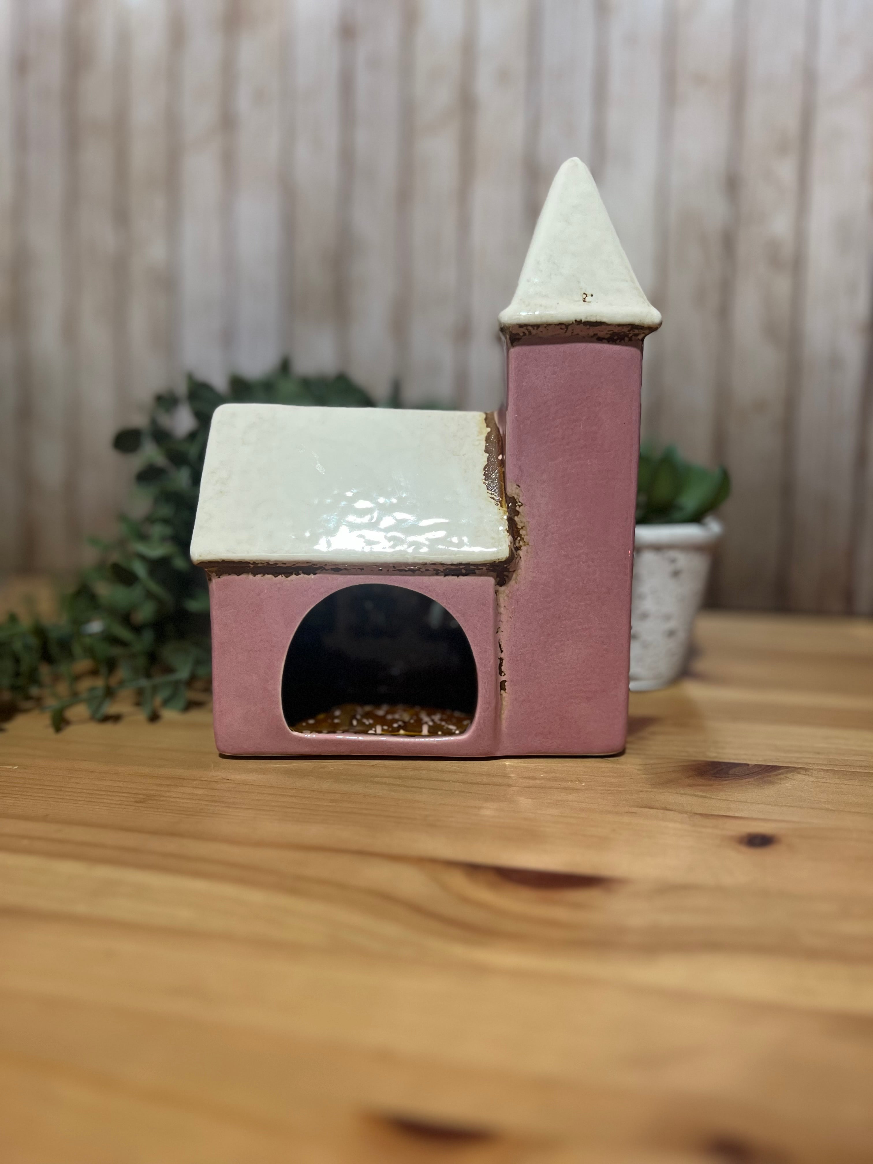 Ceramic Church Themed Tea Light with the Words Church Fete on it in a Pink and White Colour