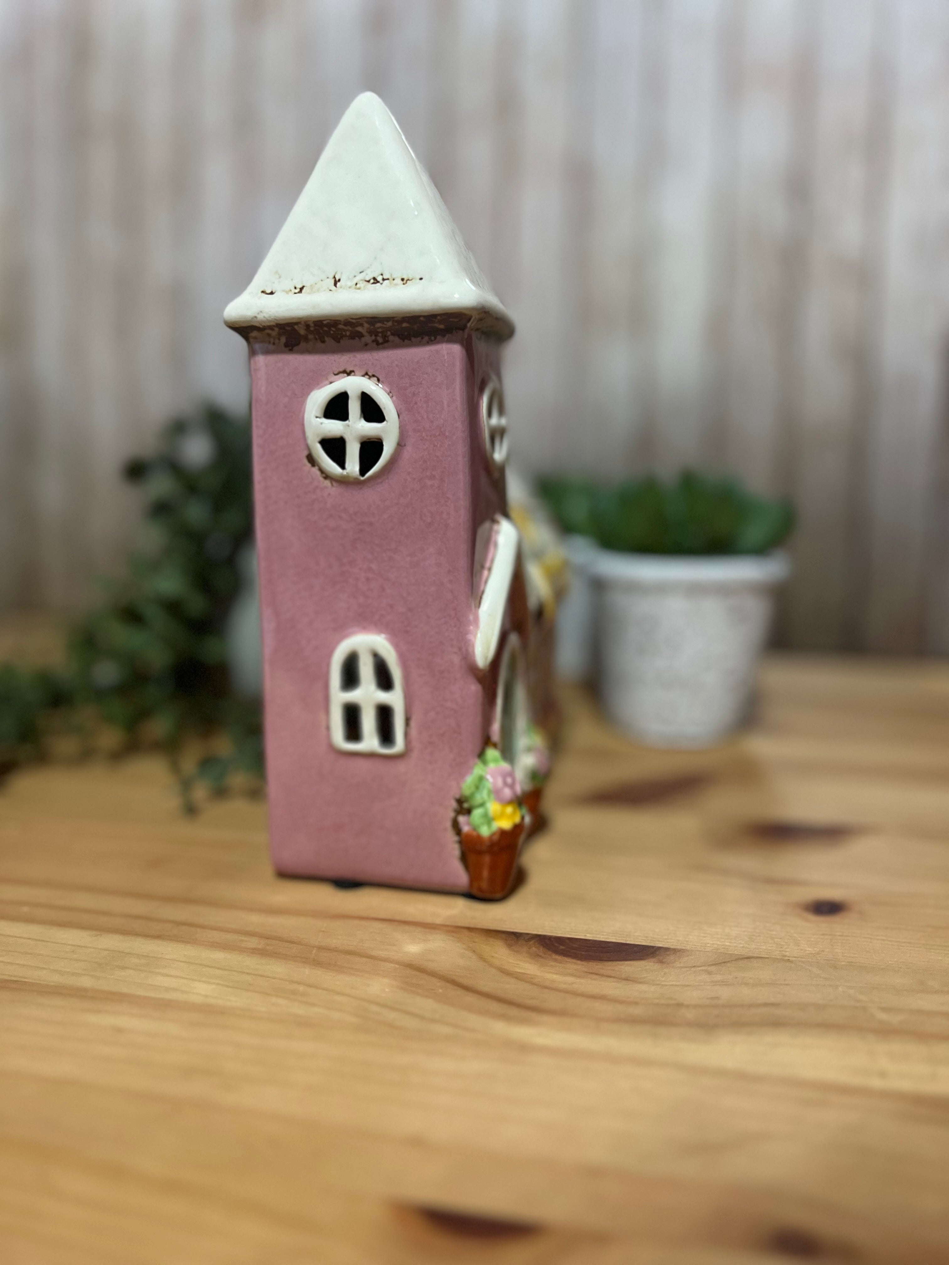 Ceramic Church Themed Tea Light with the Words Church Fete on it in a Pink and White Colour