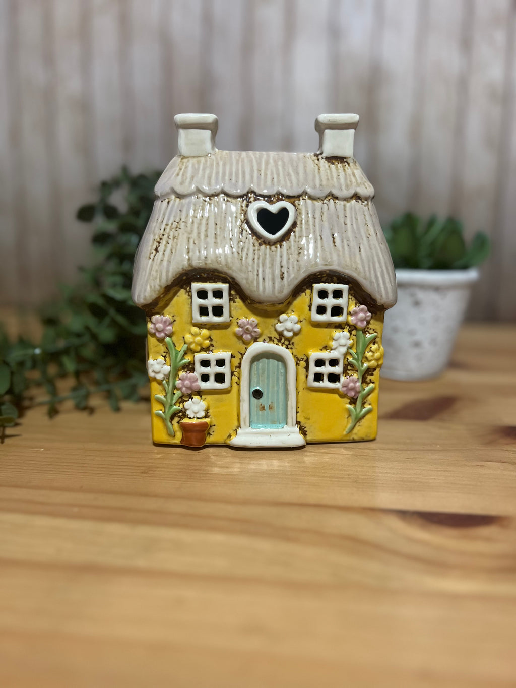 Yellow Heart House Covered in Daisies with Thatched Roof Detail, Tea Light Holder