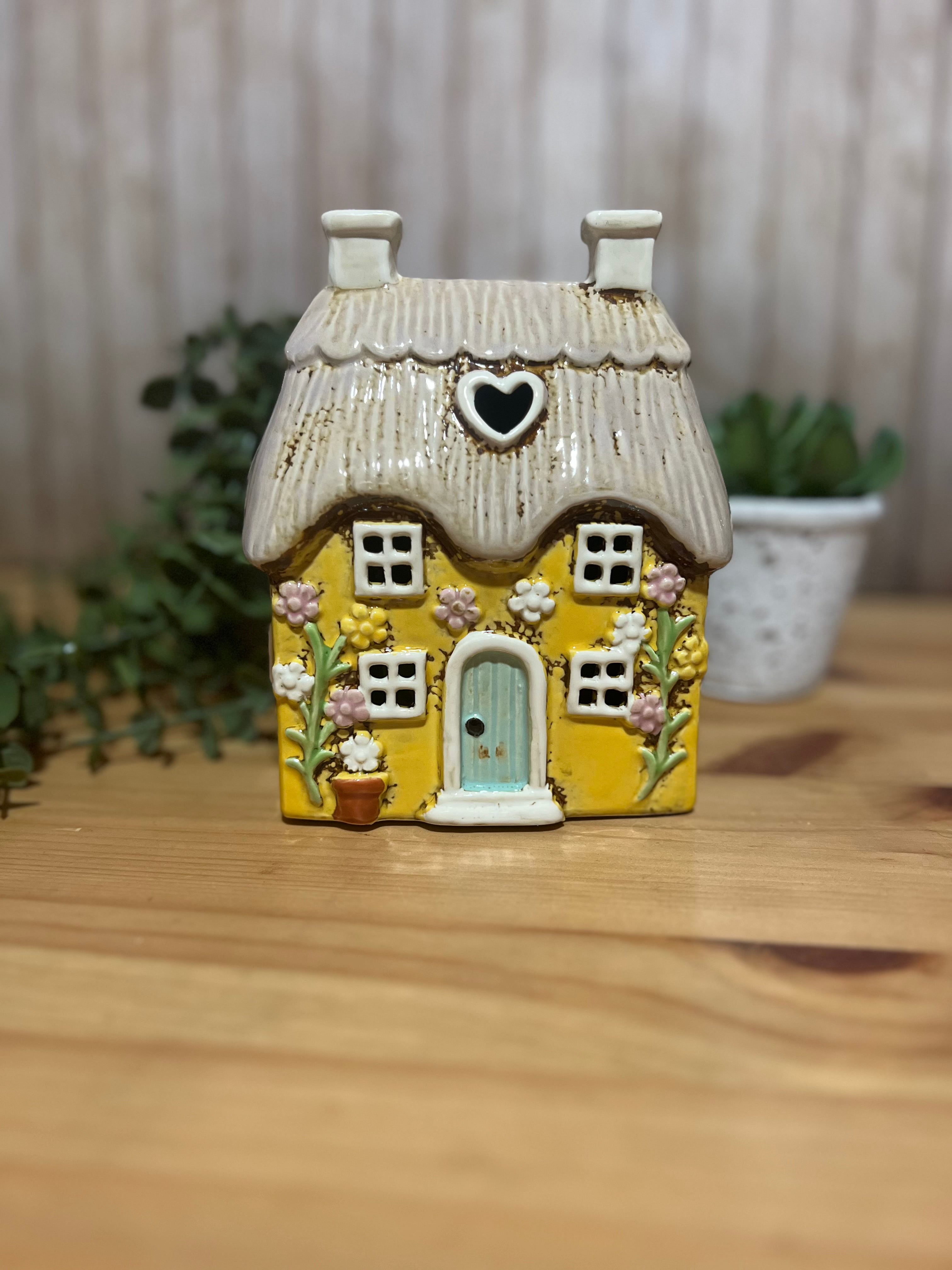 Yellow Heart House Covered in Daisies with Thatched Roof Detail, Tea Light Holder