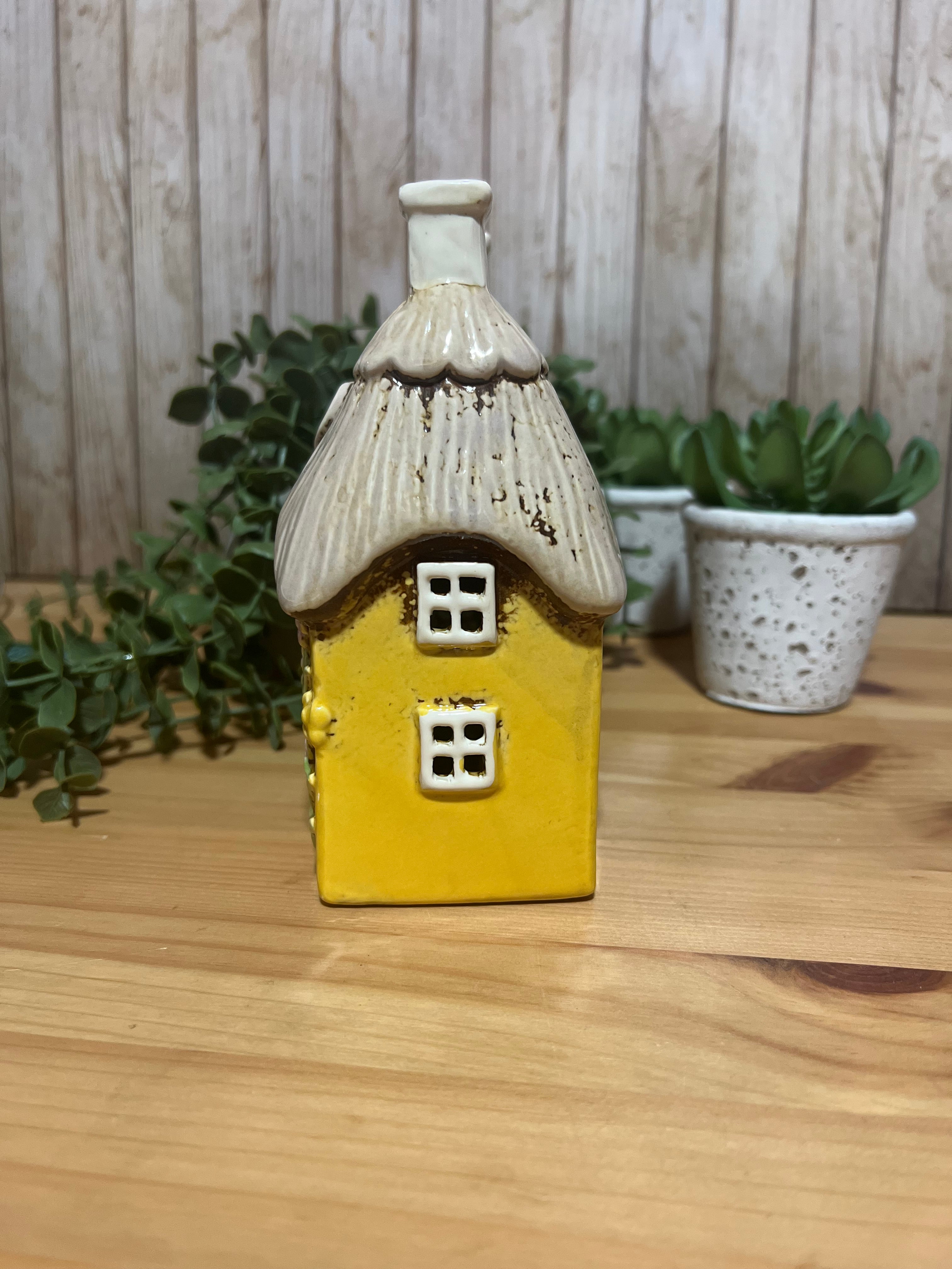 Yellow Heart House Covered in Daisies with Thatched Roof Detail, Tea Light Holder