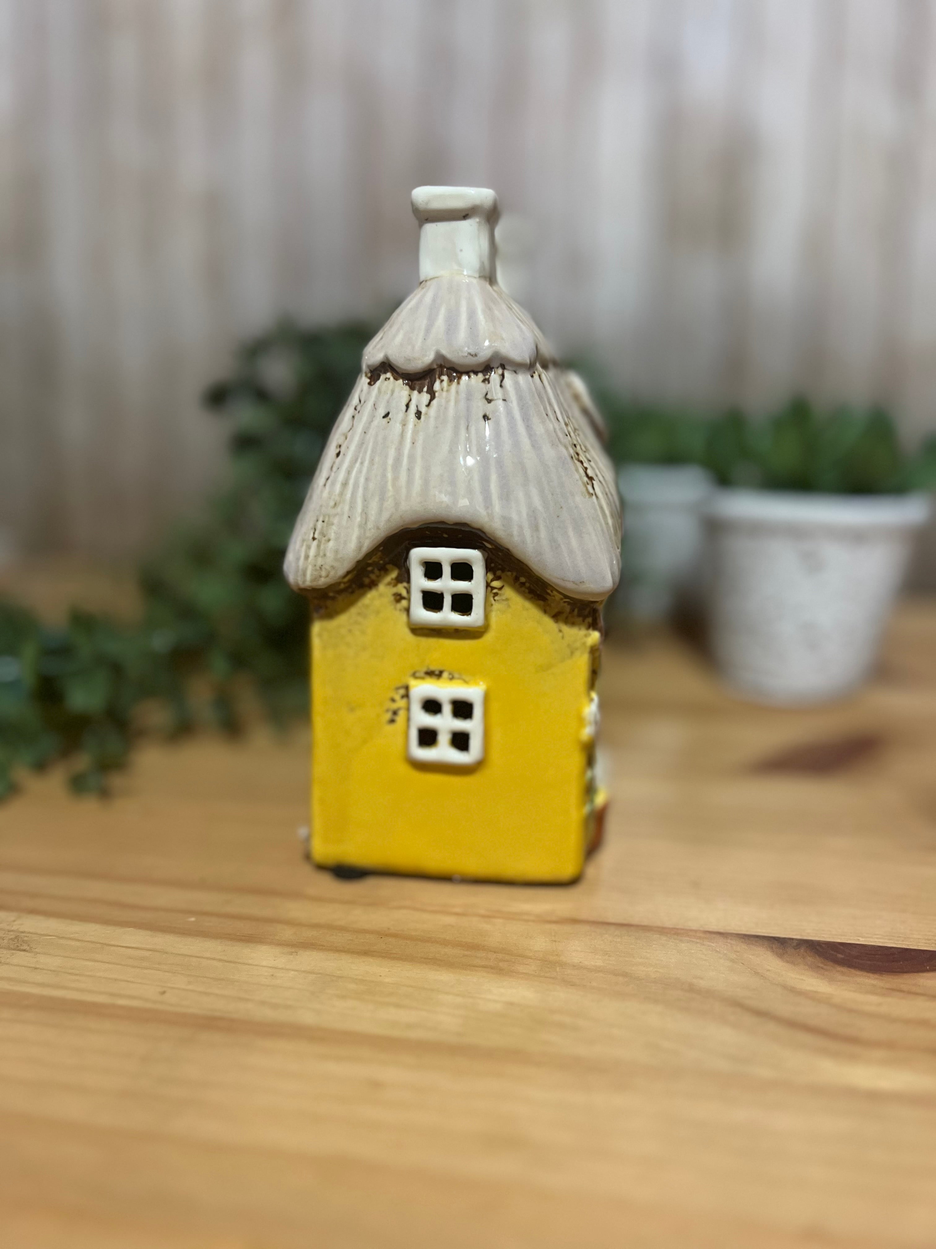 Yellow Heart House Covered in Daisies with Thatched Roof Detail, Tea Light Holder