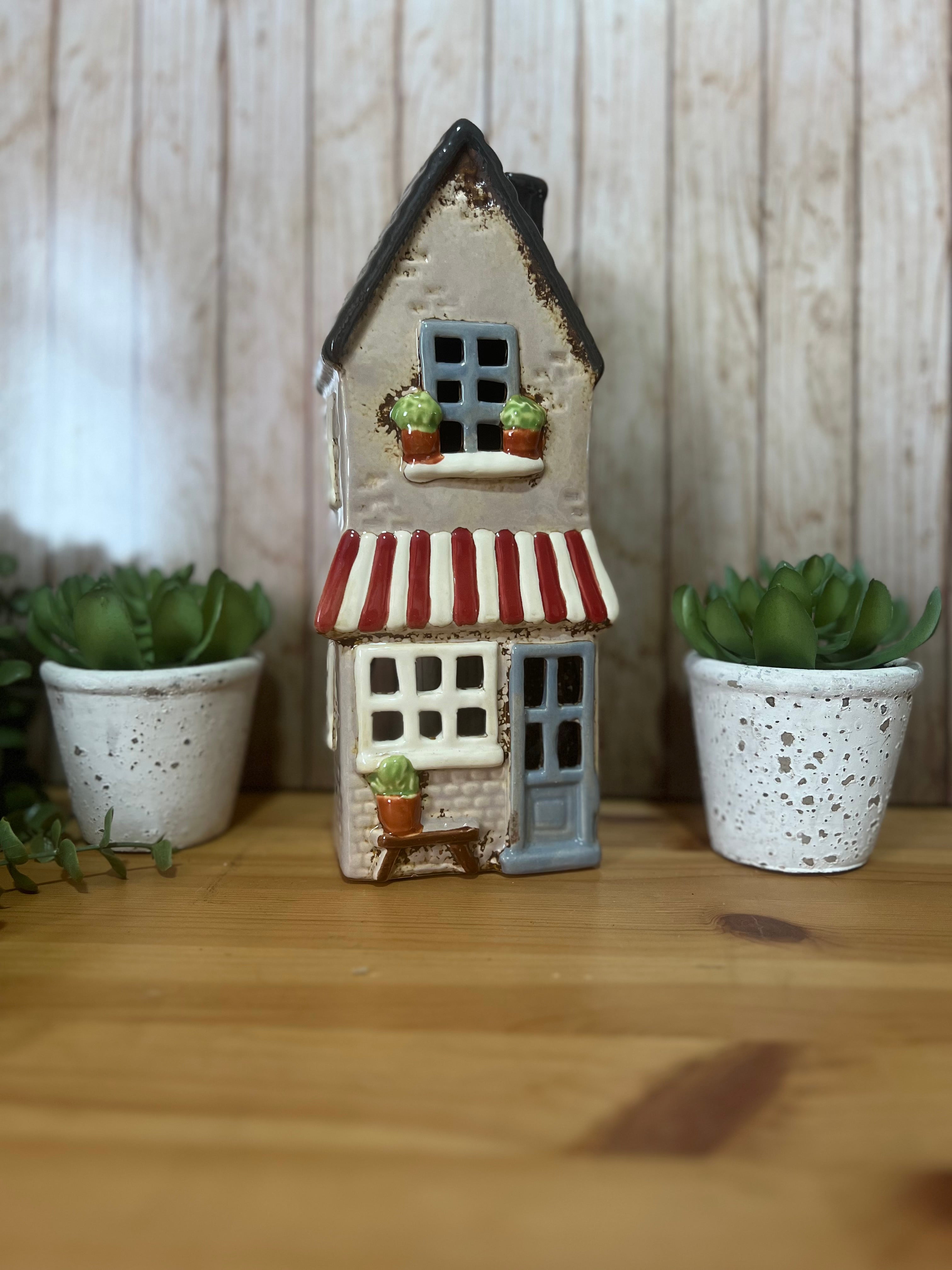 Tall Glazed Ceramic House with Bench, Pot Plants and Awning