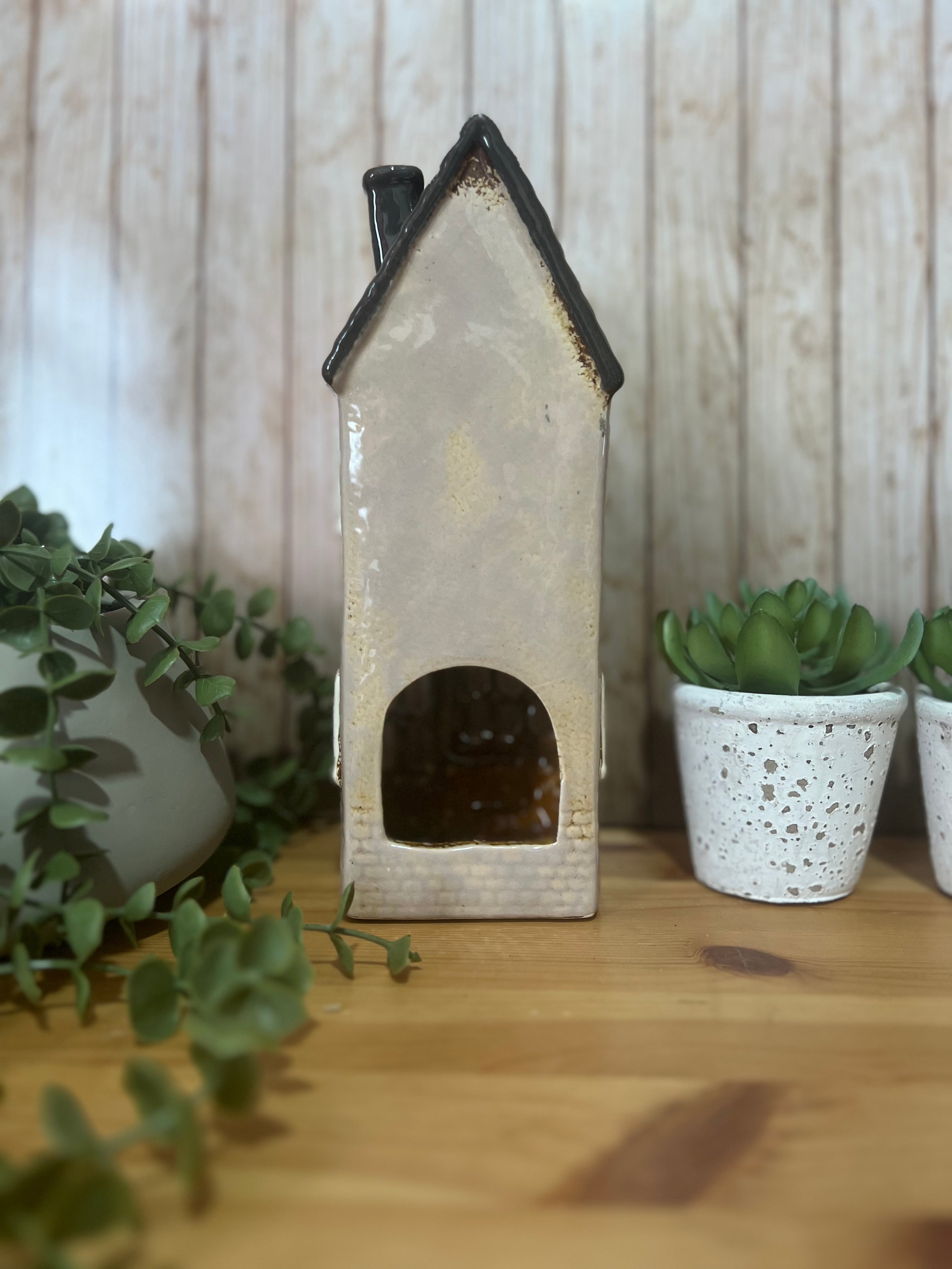 Tall Glazed Ceramic House with Bench, Pot Plants and Awning
