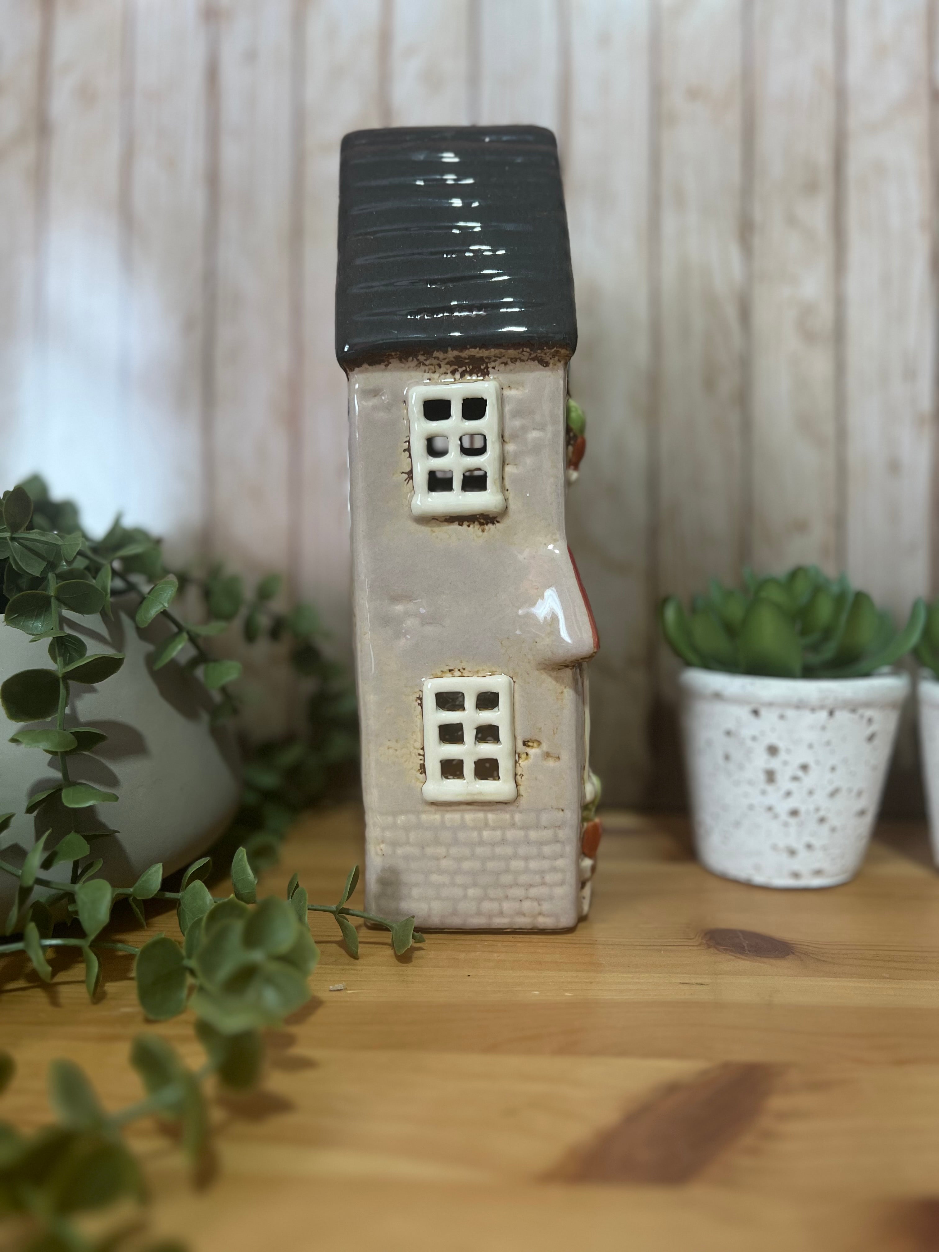 Tall Glazed Ceramic House with Bench, Pot Plants and Awning