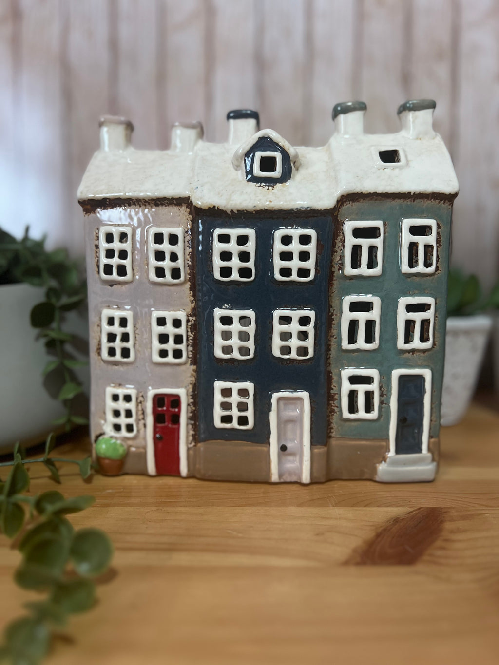 3 House in a Row Glazed Ceramic Tea Light Holder House