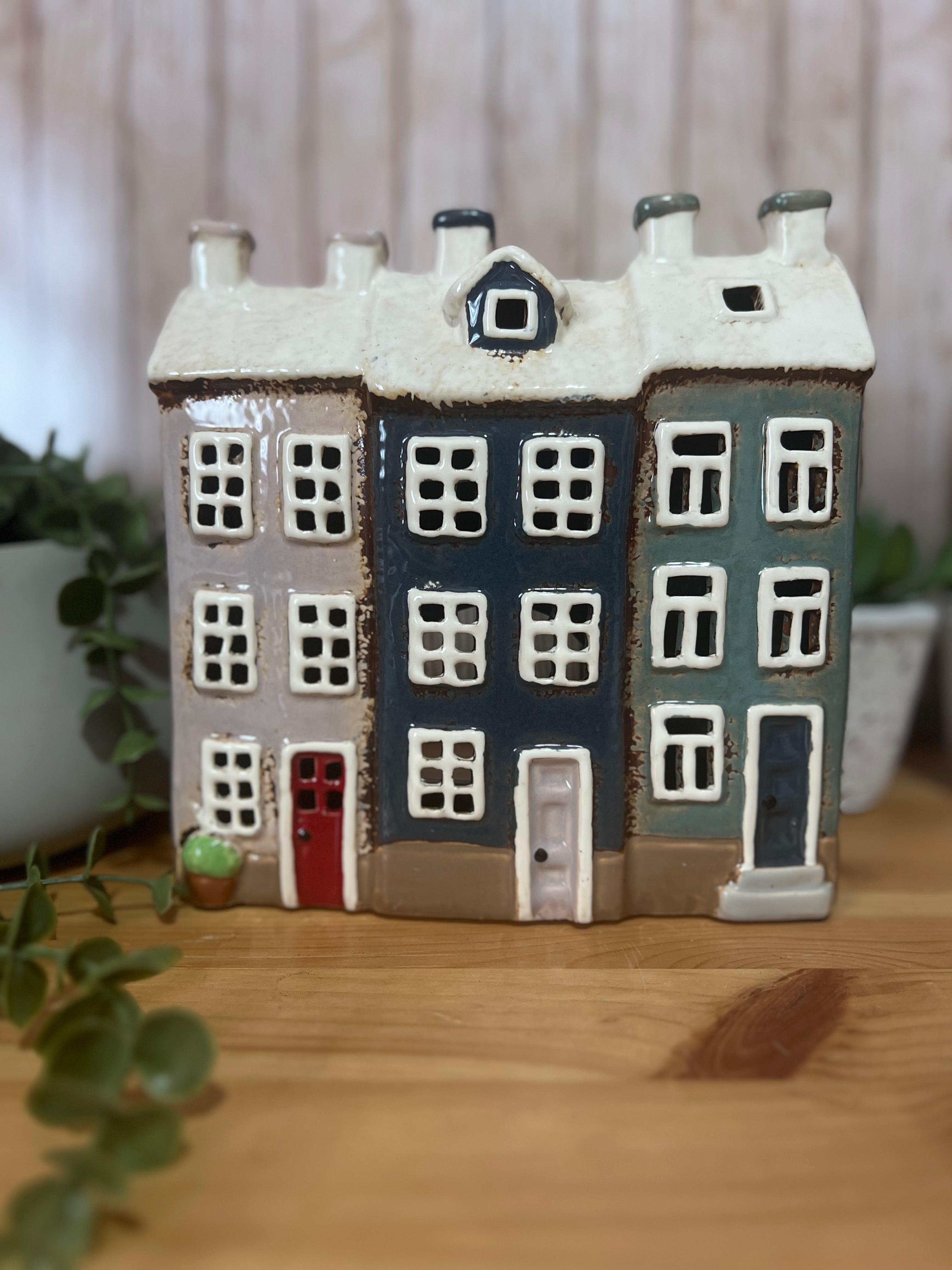 3 House in a Row Glazed Ceramic Tea Light Holder House
