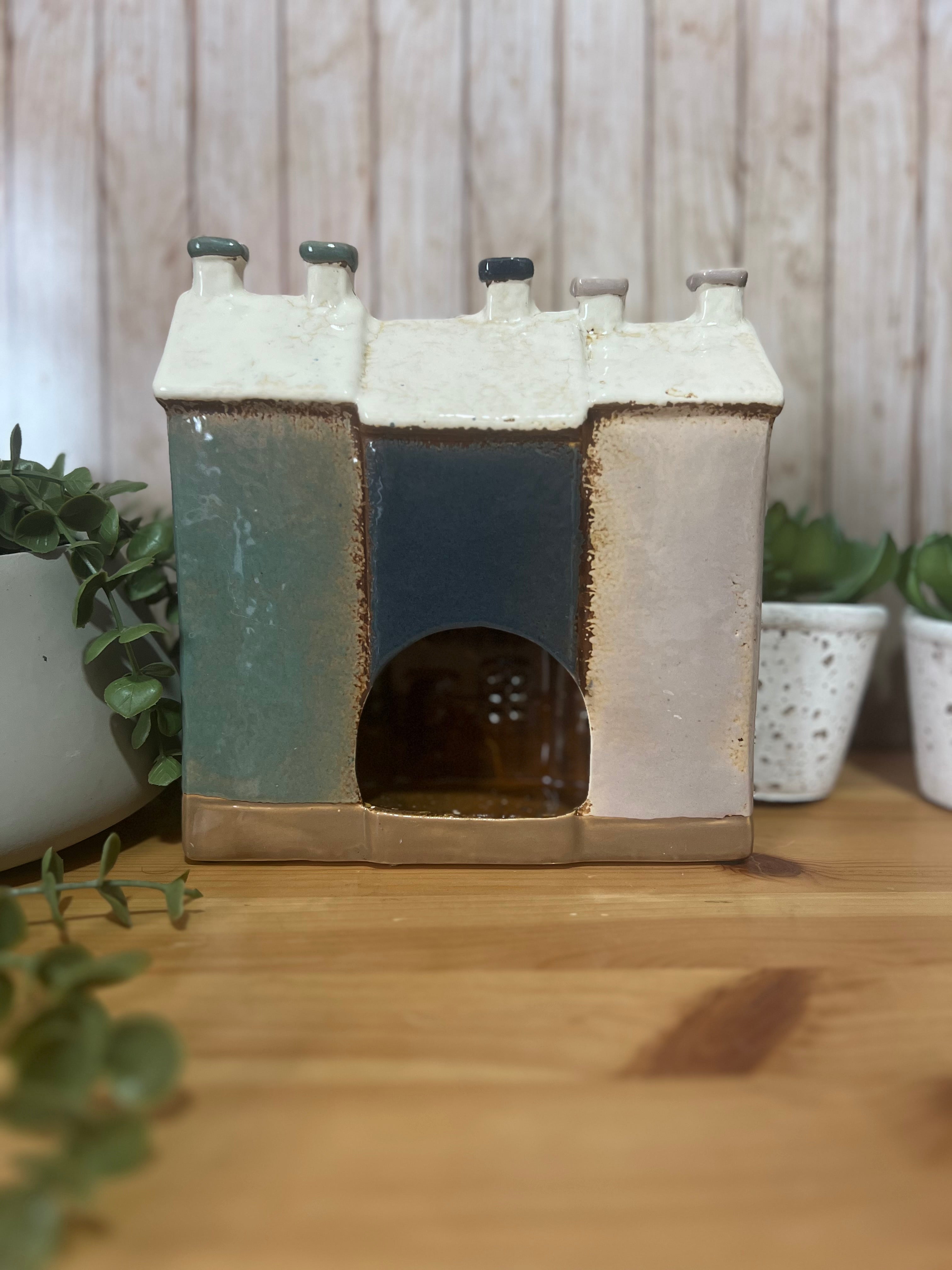 3 House in a Row Glazed Ceramic Tea Light Holder House