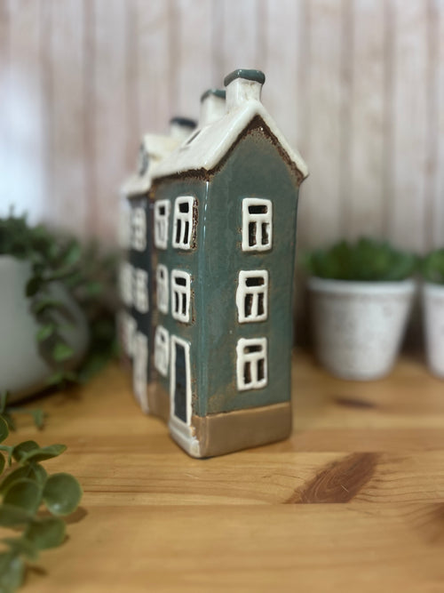 3 House in a Row Glazed Ceramic Tea Light Holder House