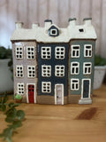 3 House in a Row Glazed Ceramic Tea Light Holder House