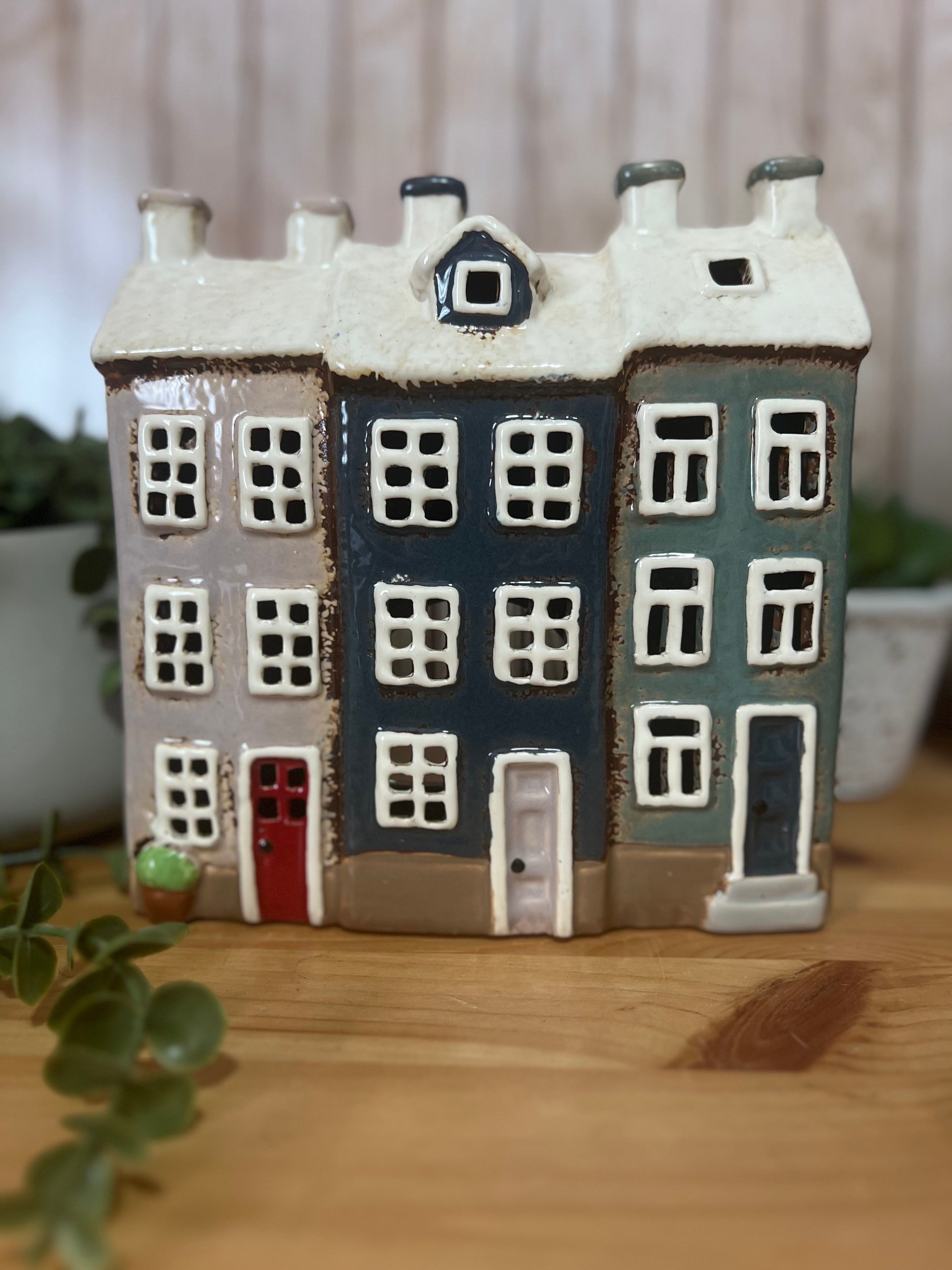 3 House in a Row Glazed Ceramic Tea Light Holder House