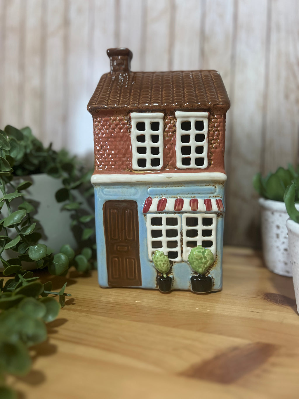 Tall Glazed Ceramic with Awning Tea Light Holder House