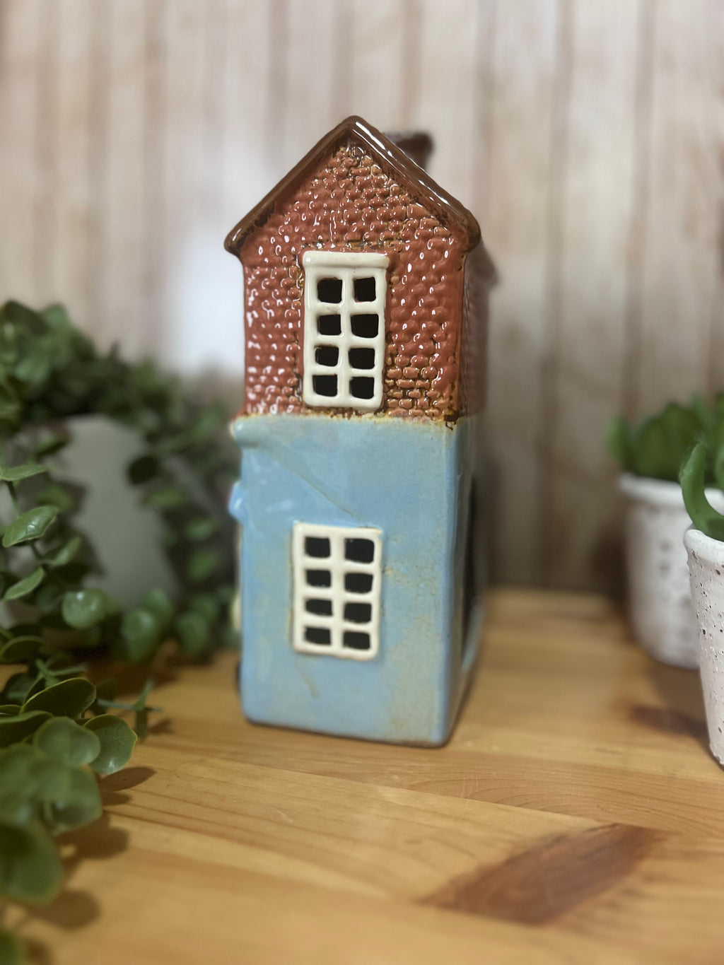 Tall Glazed Ceramic with Awning Tea Light Holder House