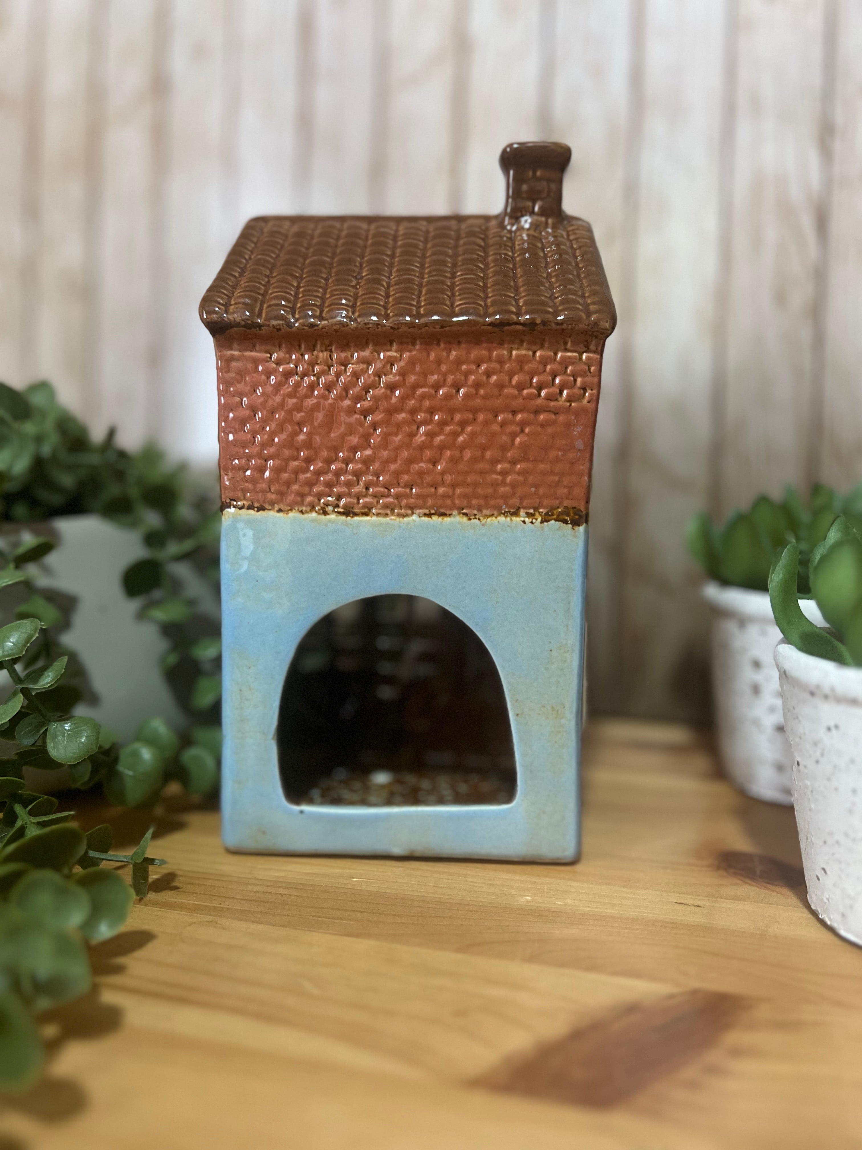 Tall Glazed Ceramic with Awning Tea Light Holder House