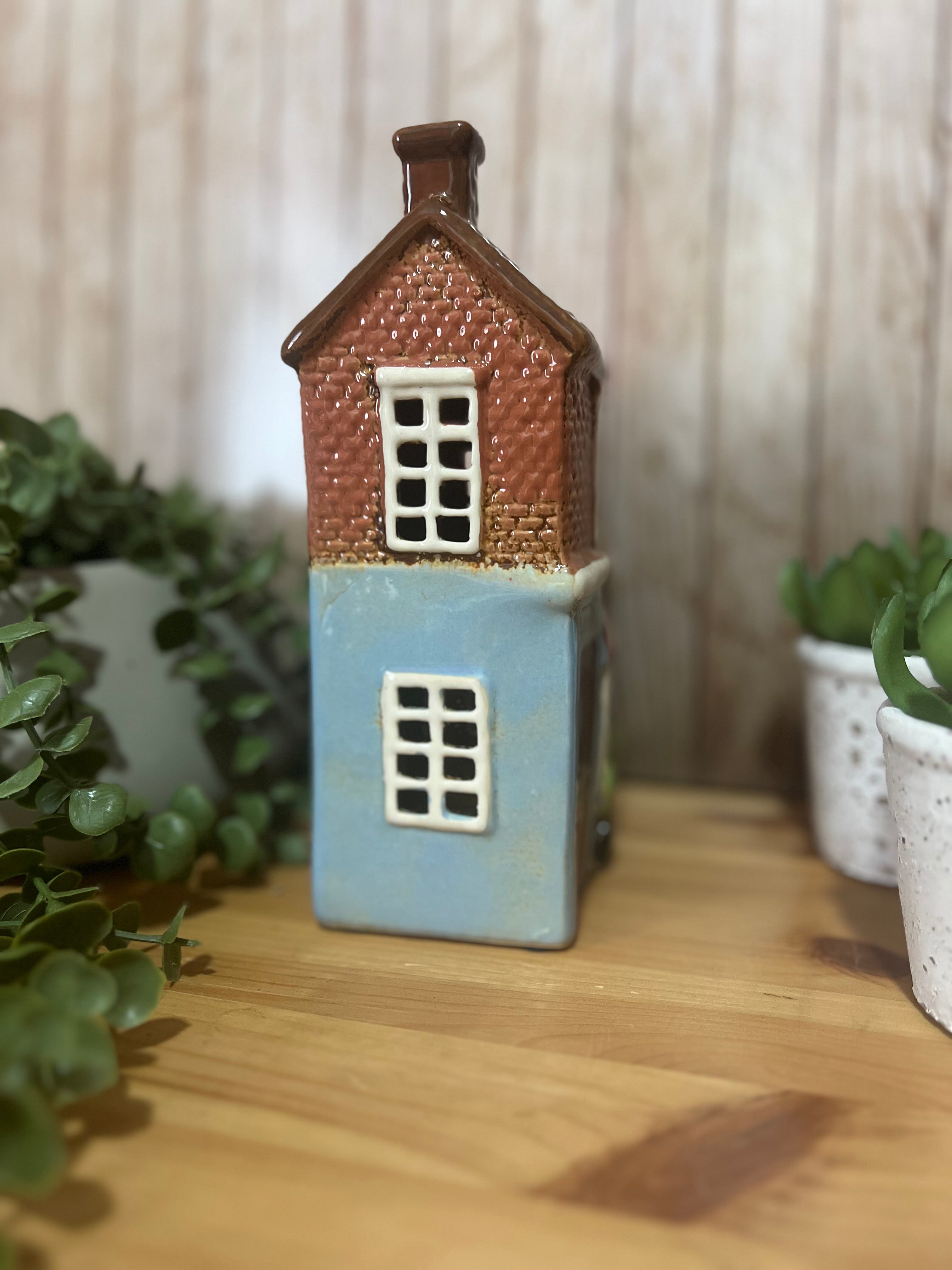 Tall Glazed Ceramic with Awning Tea Light Holder House