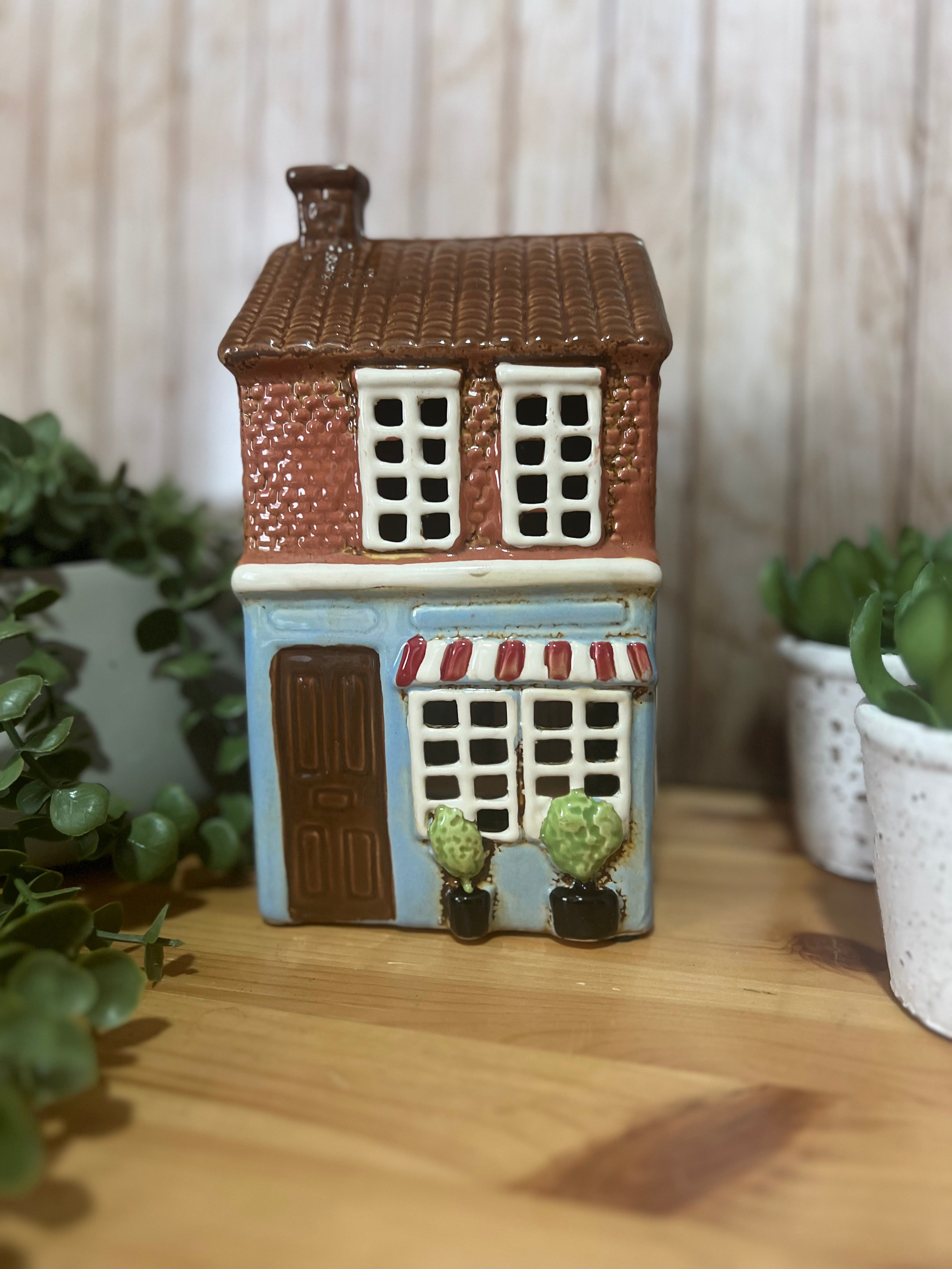 Tall Glazed Ceramic with Awning Tea Light Holder House