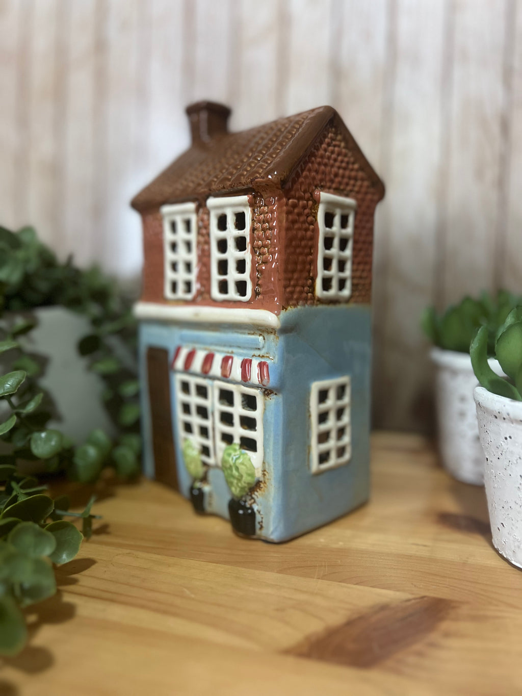 Tall Glazed Ceramic with Awning Tea Light Holder House