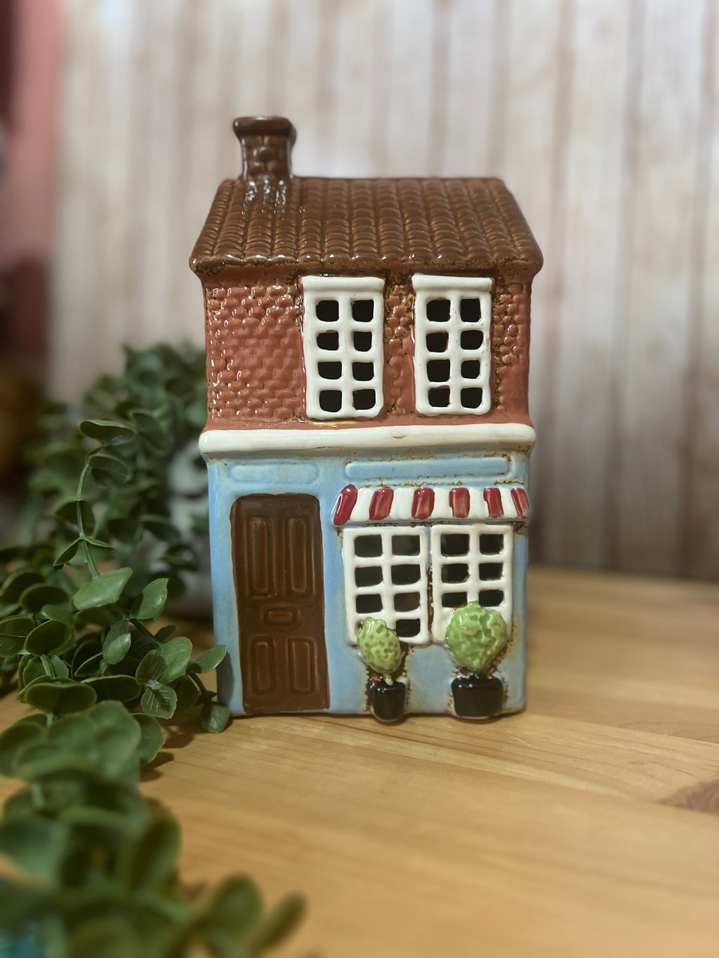 Tall Glazed Ceramic with Awning Tea Light Holder House
