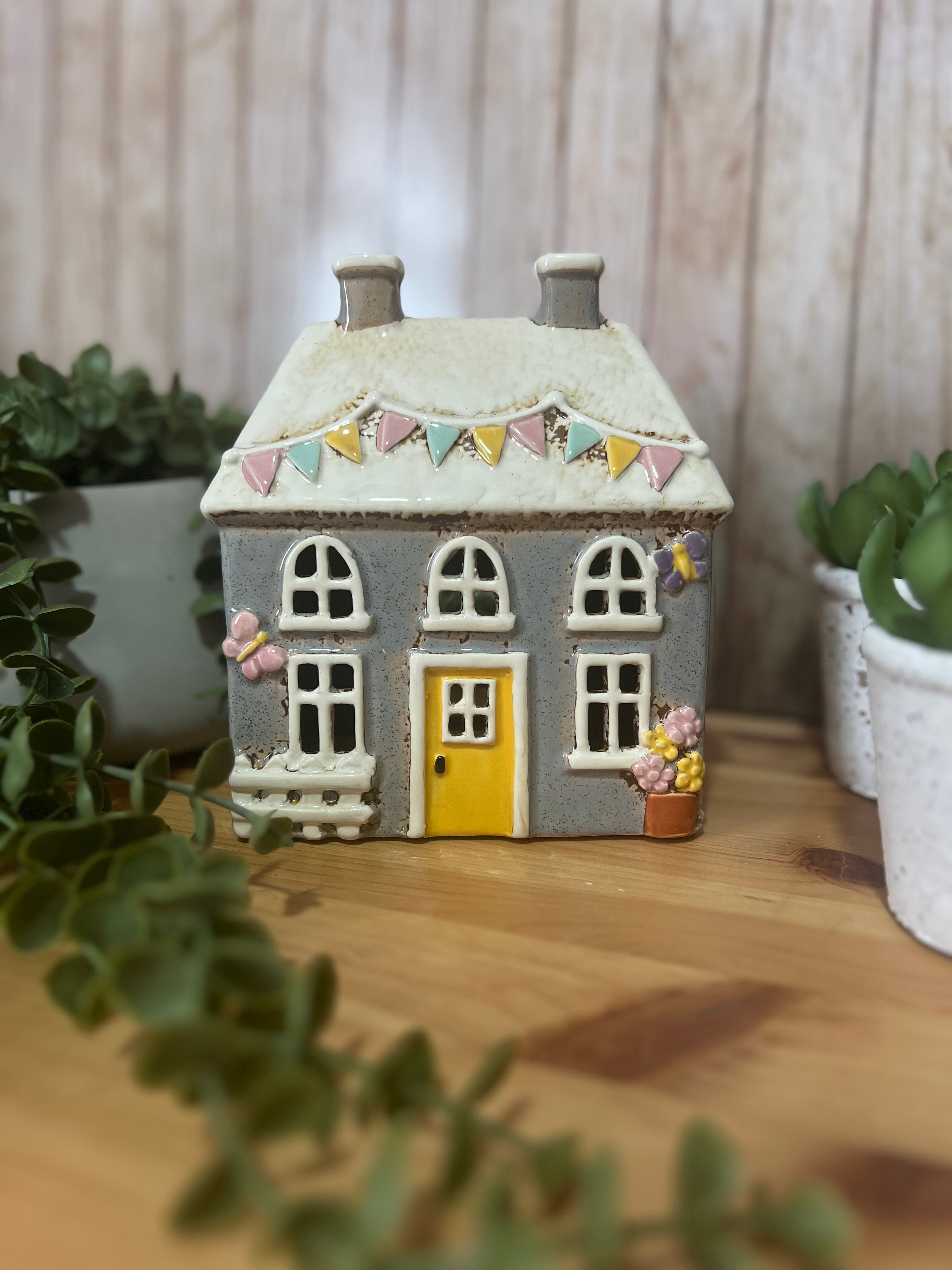 Bunting and Butterfly Covered Glazed Ceramic Tea Light House