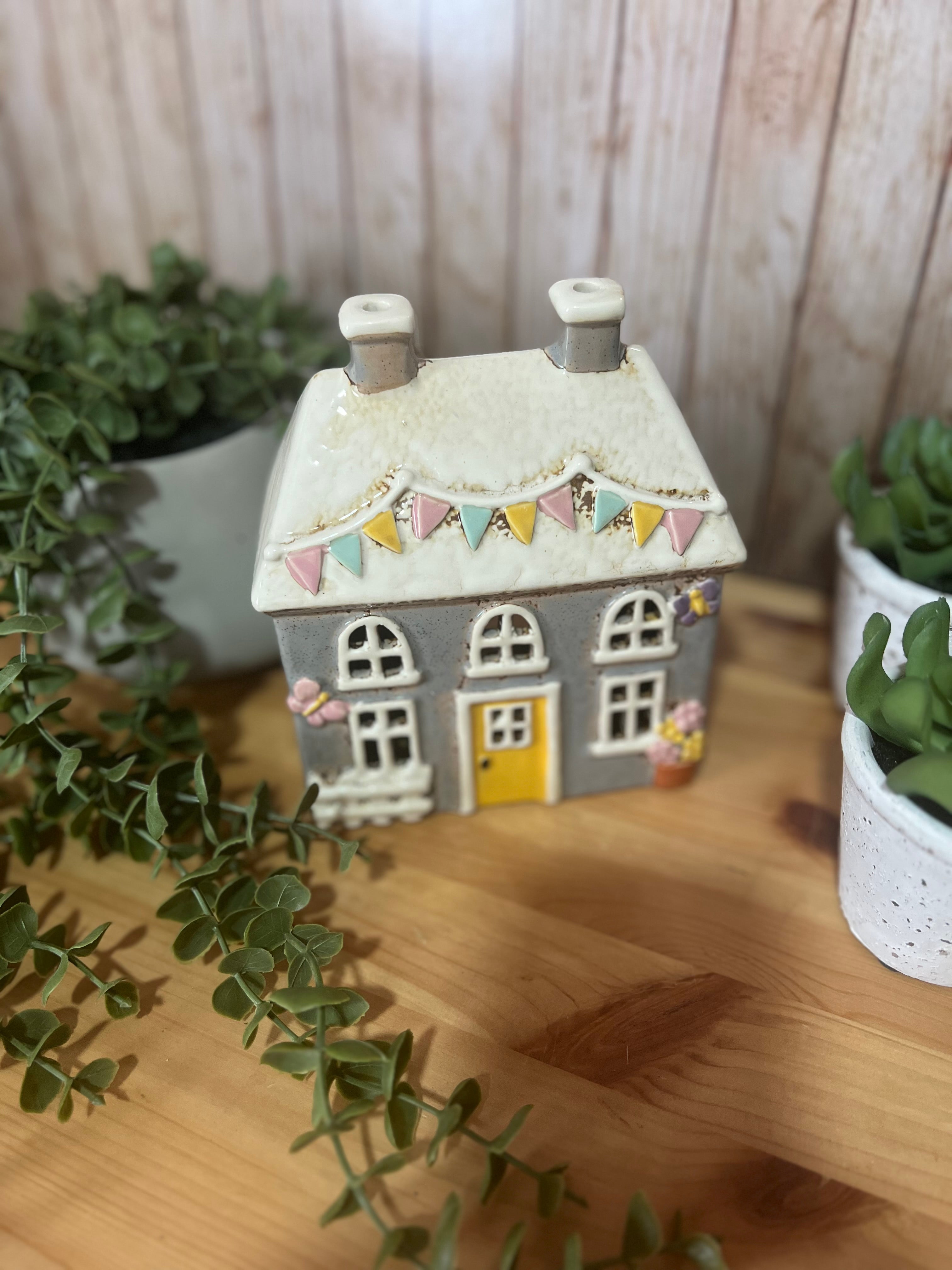 Bunting and Butterfly Covered Glazed Ceramic Tea Light House