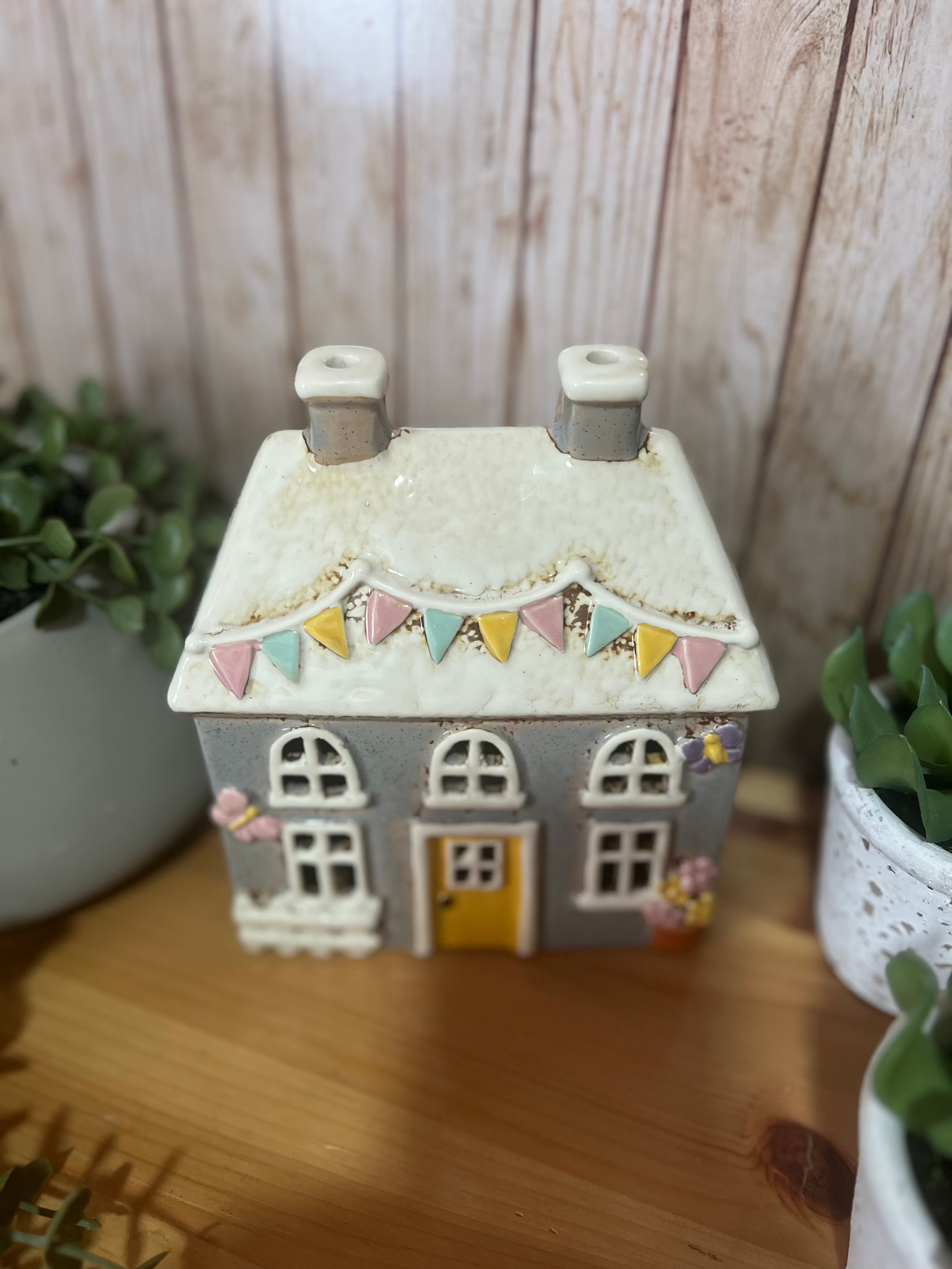 Bunting and Butterfly Covered Glazed Ceramic Tea Light House