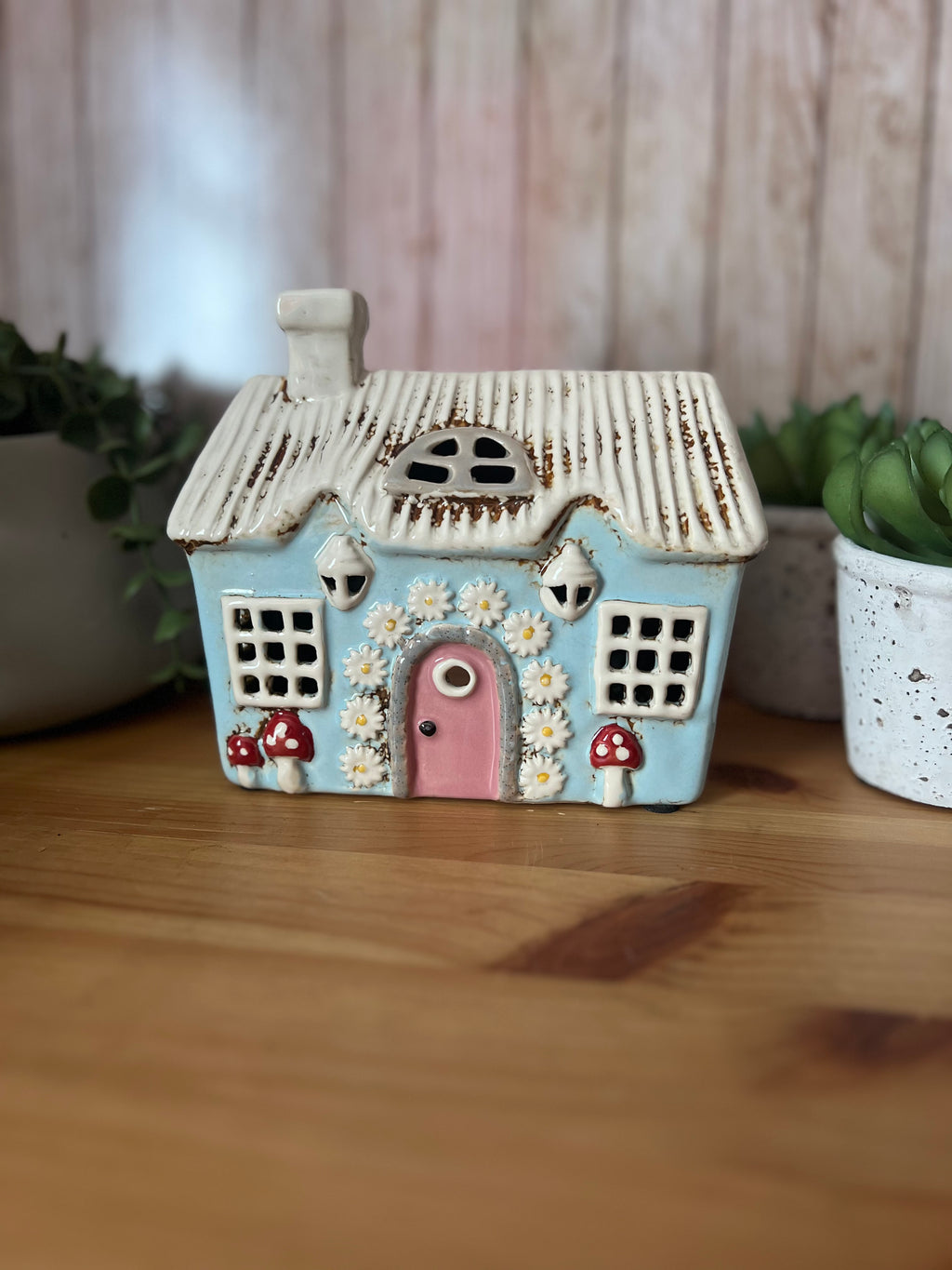 Blue Daisy House Tea Light Holder Lots of Detail