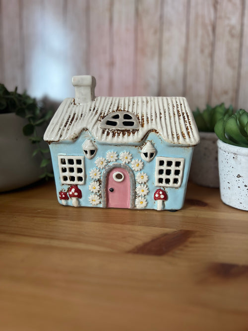 Blue Daisy House Tea Light Holder Lots of Detail