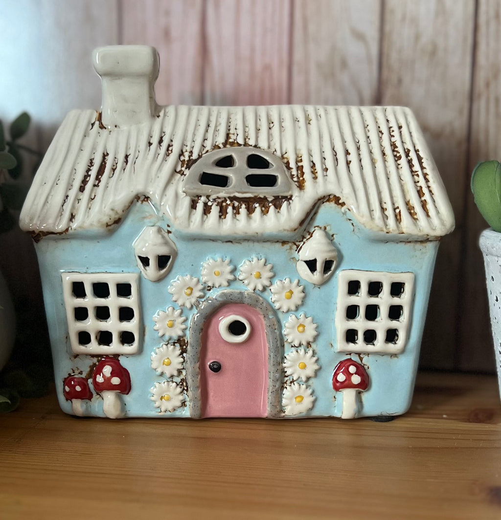 Blue Daisy House Tea Light Holder Lots of Detail