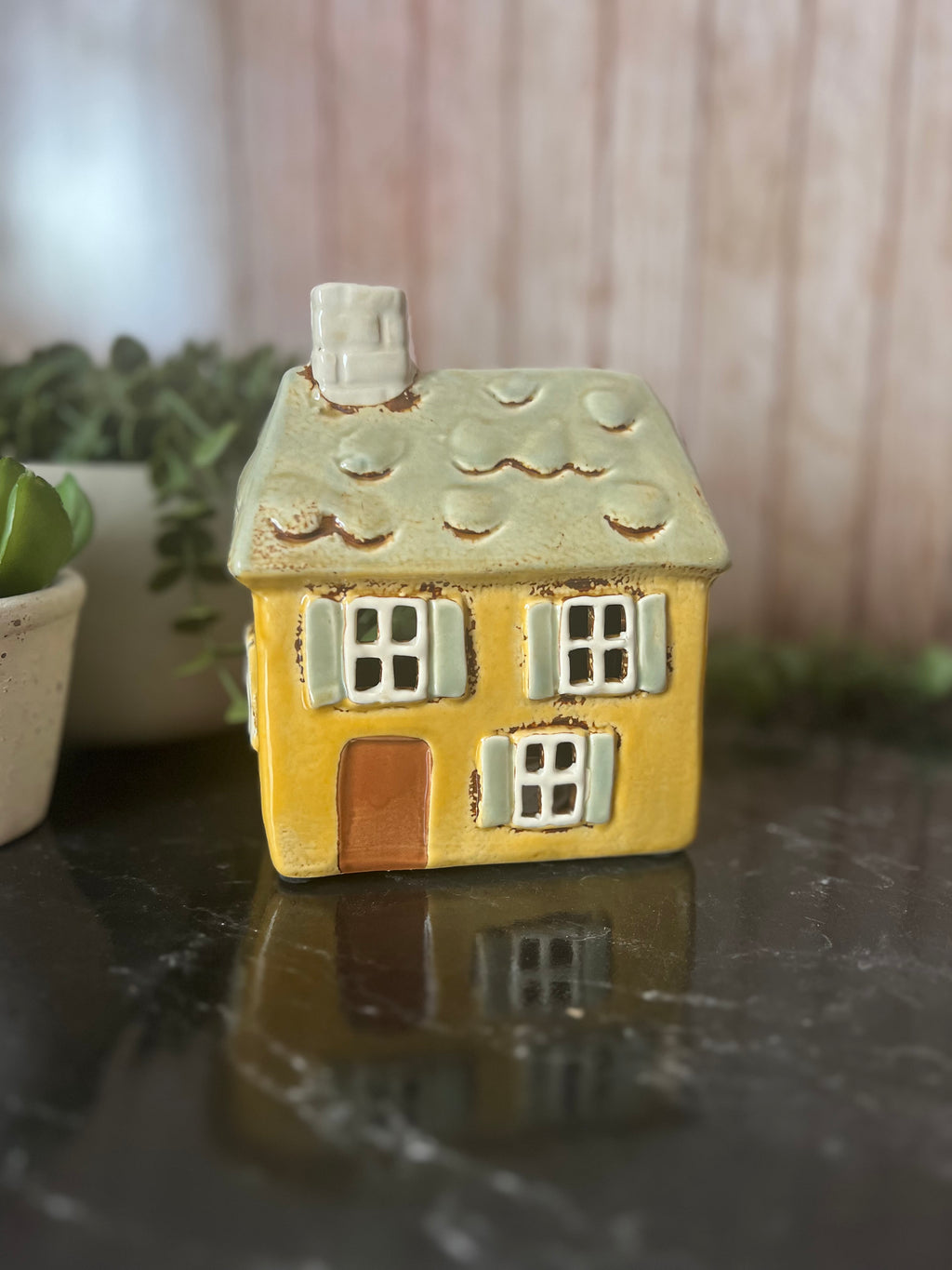 Ceramic Glazed Yellow Shuttered Window House Tea Light Holder