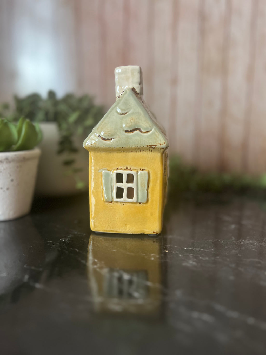 Ceramic Glazed Yellow Shuttered Window House Tea Light Holder