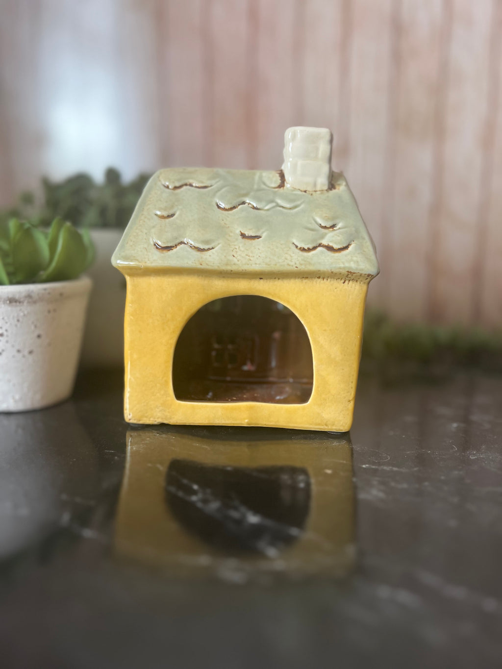 Ceramic Glazed Yellow Shuttered Window House Tea Light Holder