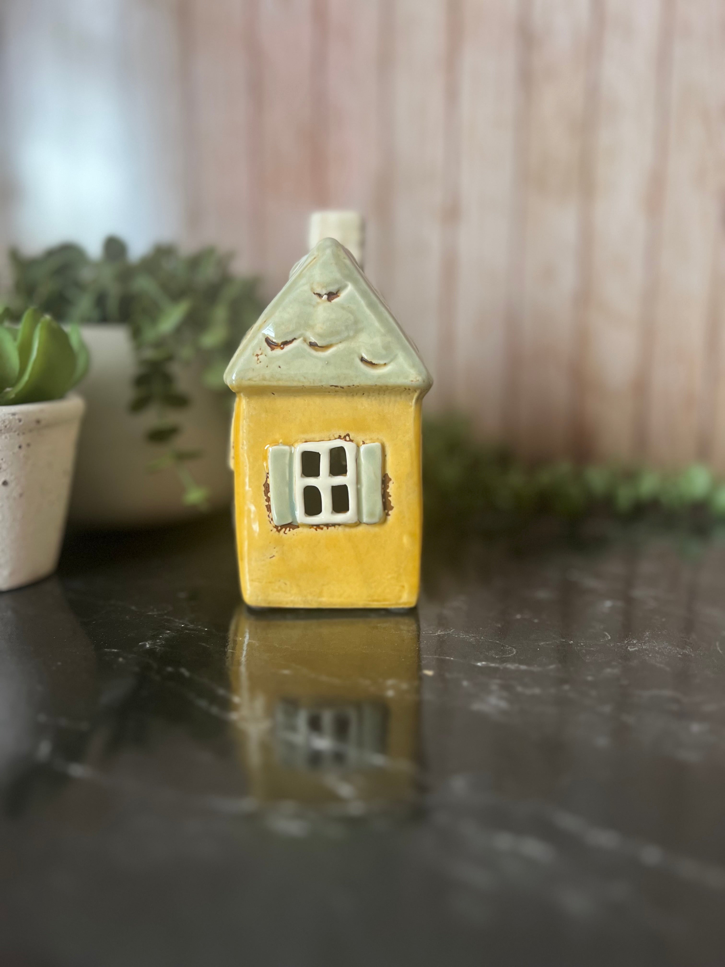 Ceramic Glazed Yellow Shuttered Window House Tea Light Holder