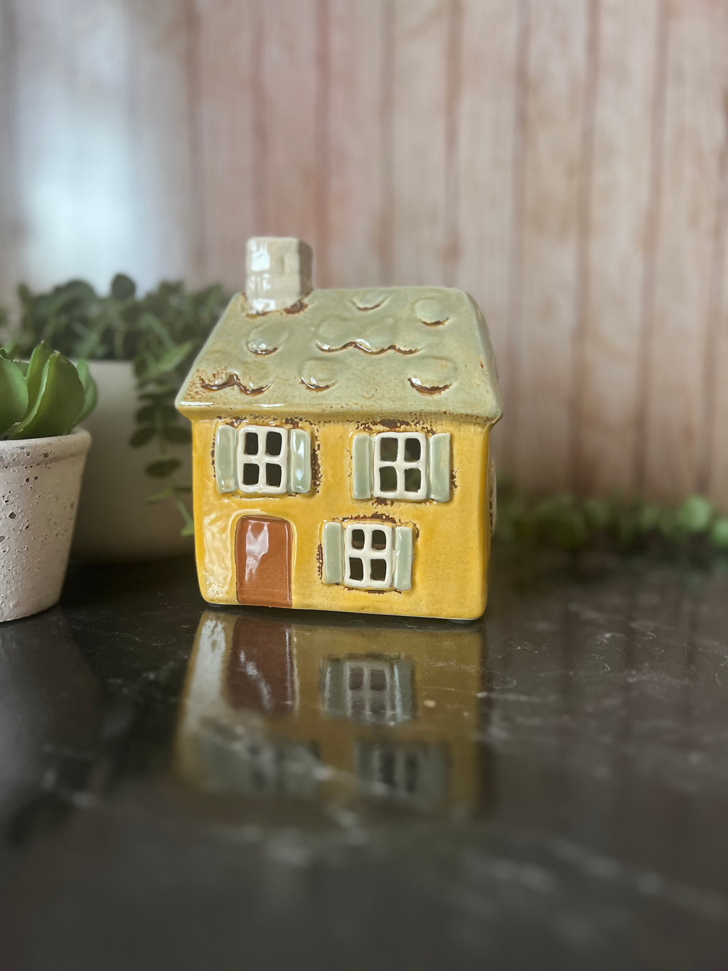 Ceramic Glazed Yellow Shuttered Window House Tea Light Holder
