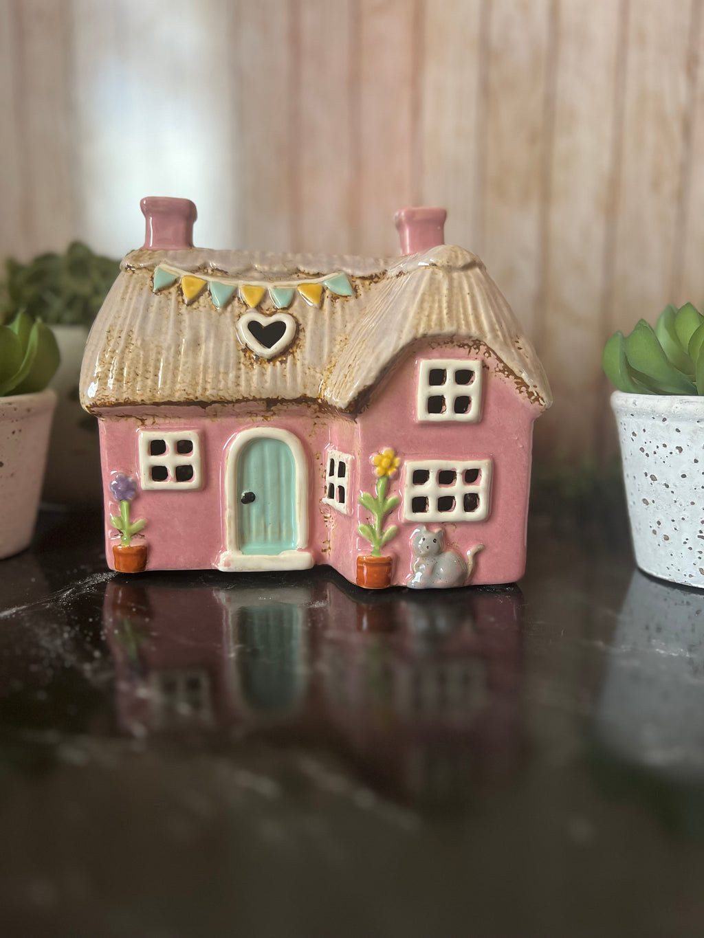Pink Garden House with Cat at The Front Tea Light Holder