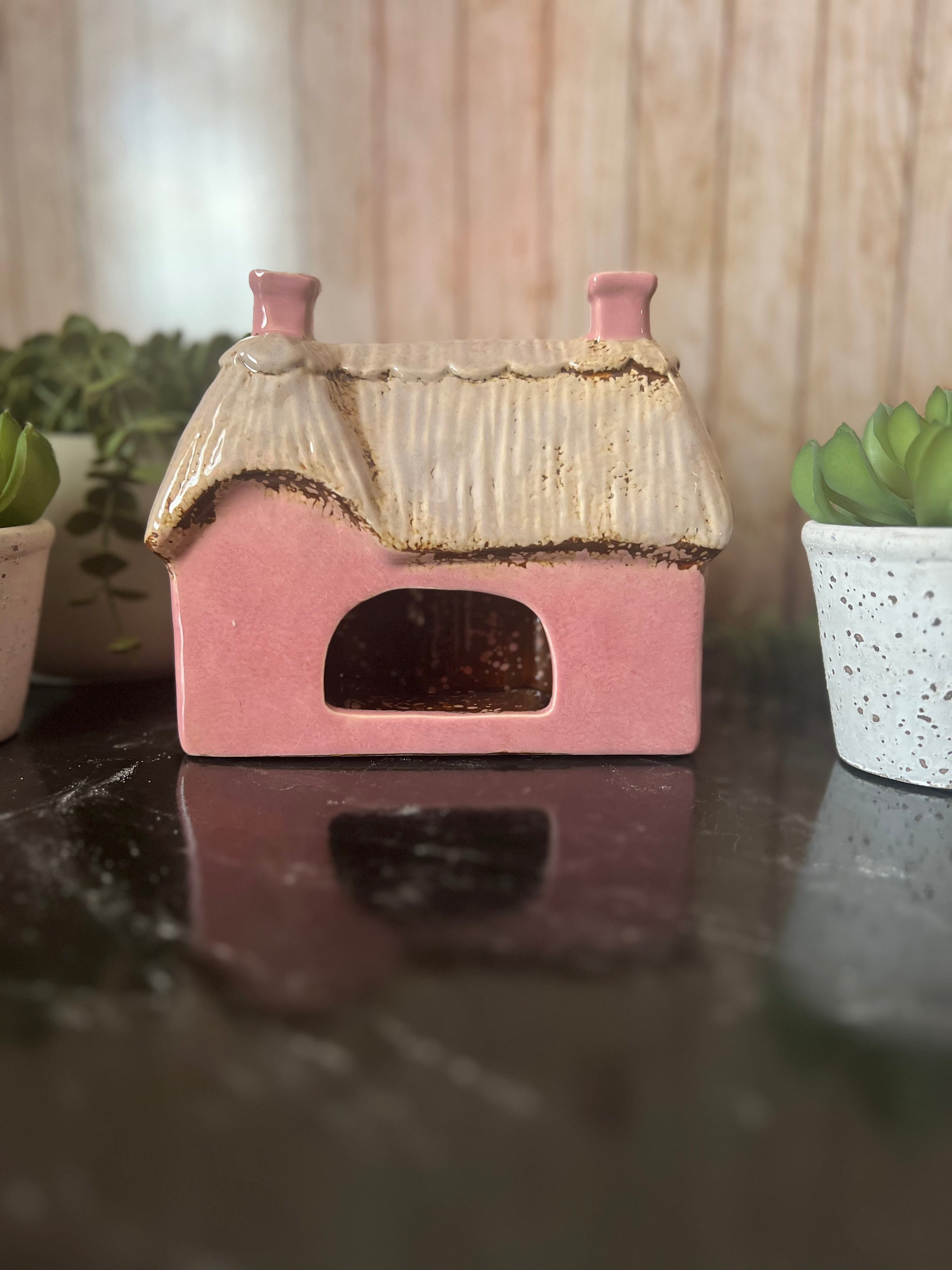 Pink Garden House with Cat at The Front Tea Light Holder