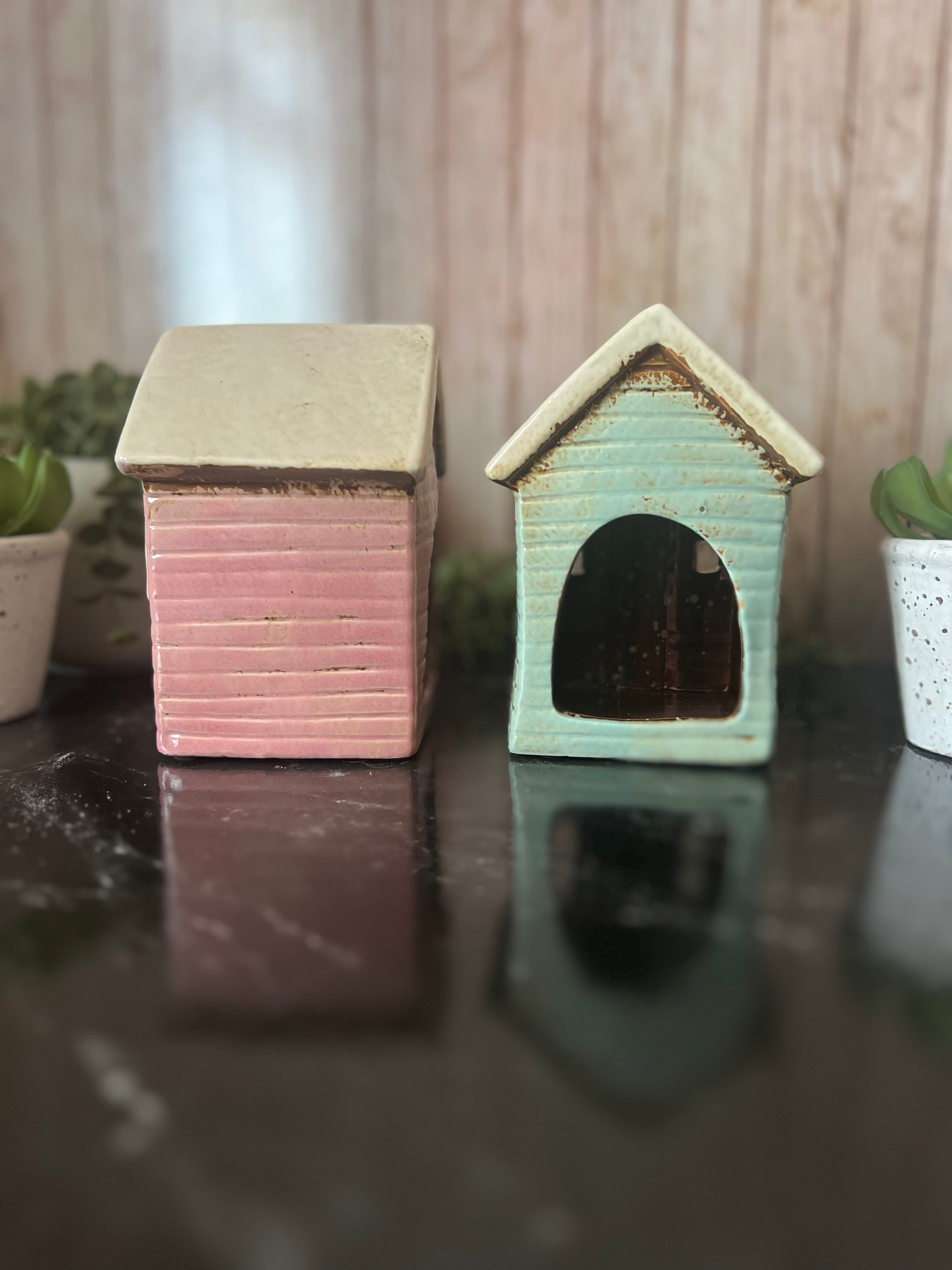 Little Ceramic Beach House Themed Tea Light Holders Aqua Blue or Pink