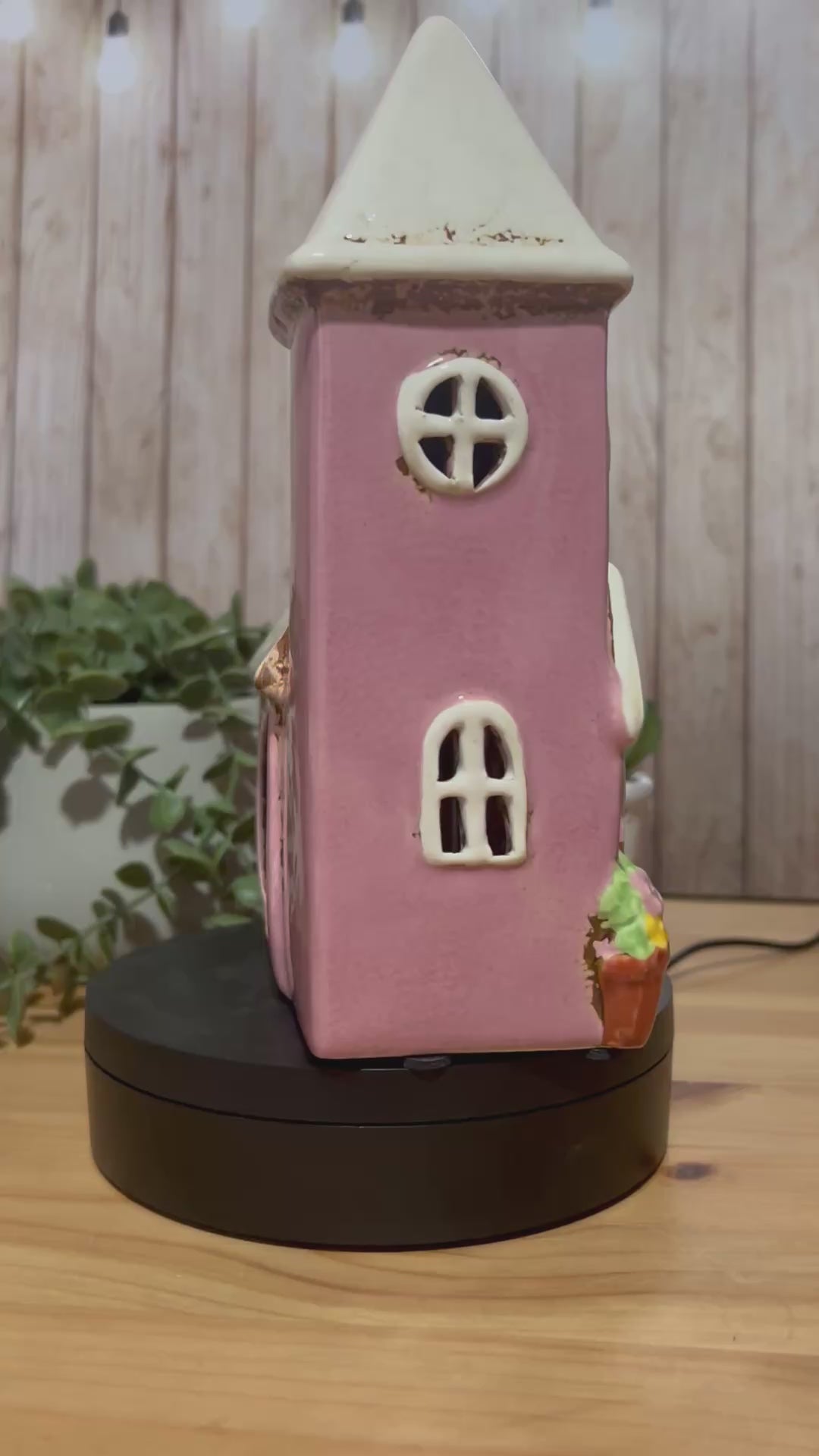 Ceramic Church Themed Tea Light with the Words Church Fete on it in a Pink and White Colour