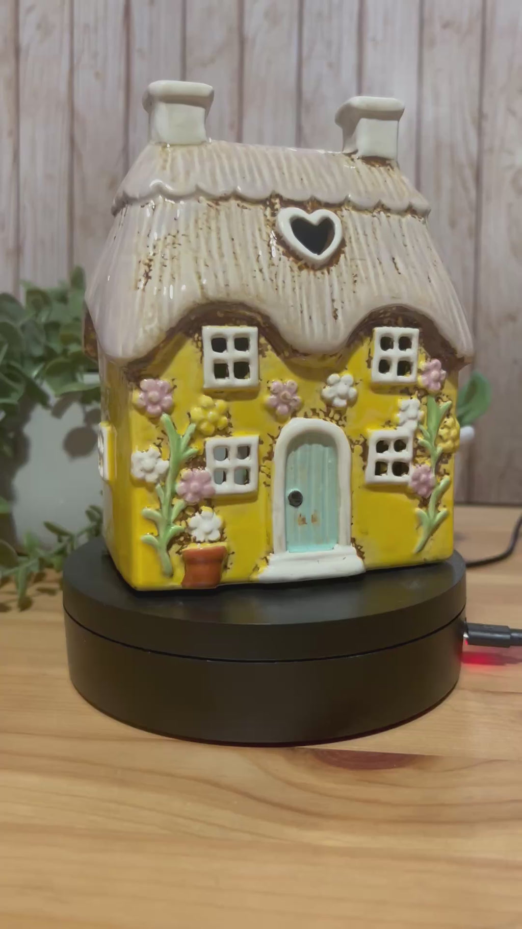 Yellow Heart House Covered in Daisies with Thatched Roof Detail, Tea Light Holder