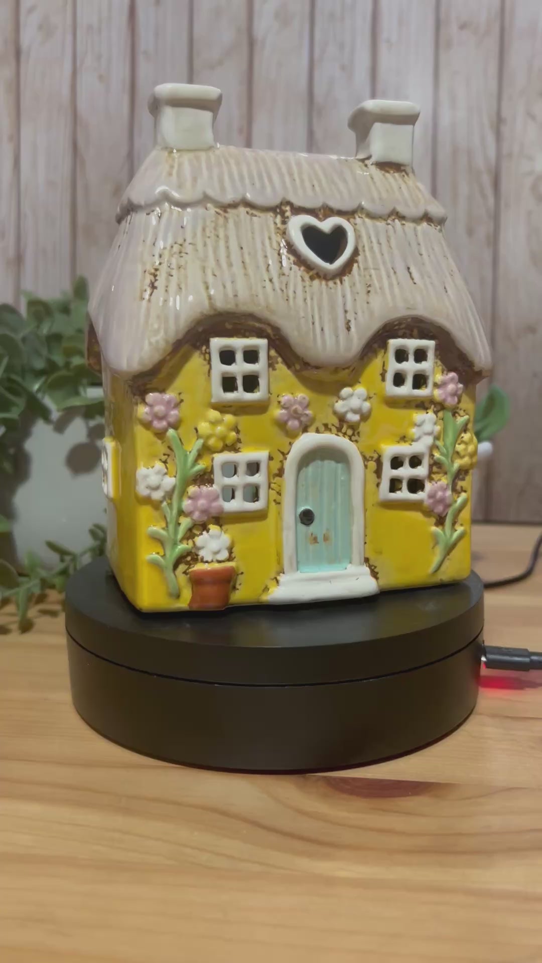 Yellow Heart House Covered in Daisies with Thatched Roof Detail, Tea Light Holder