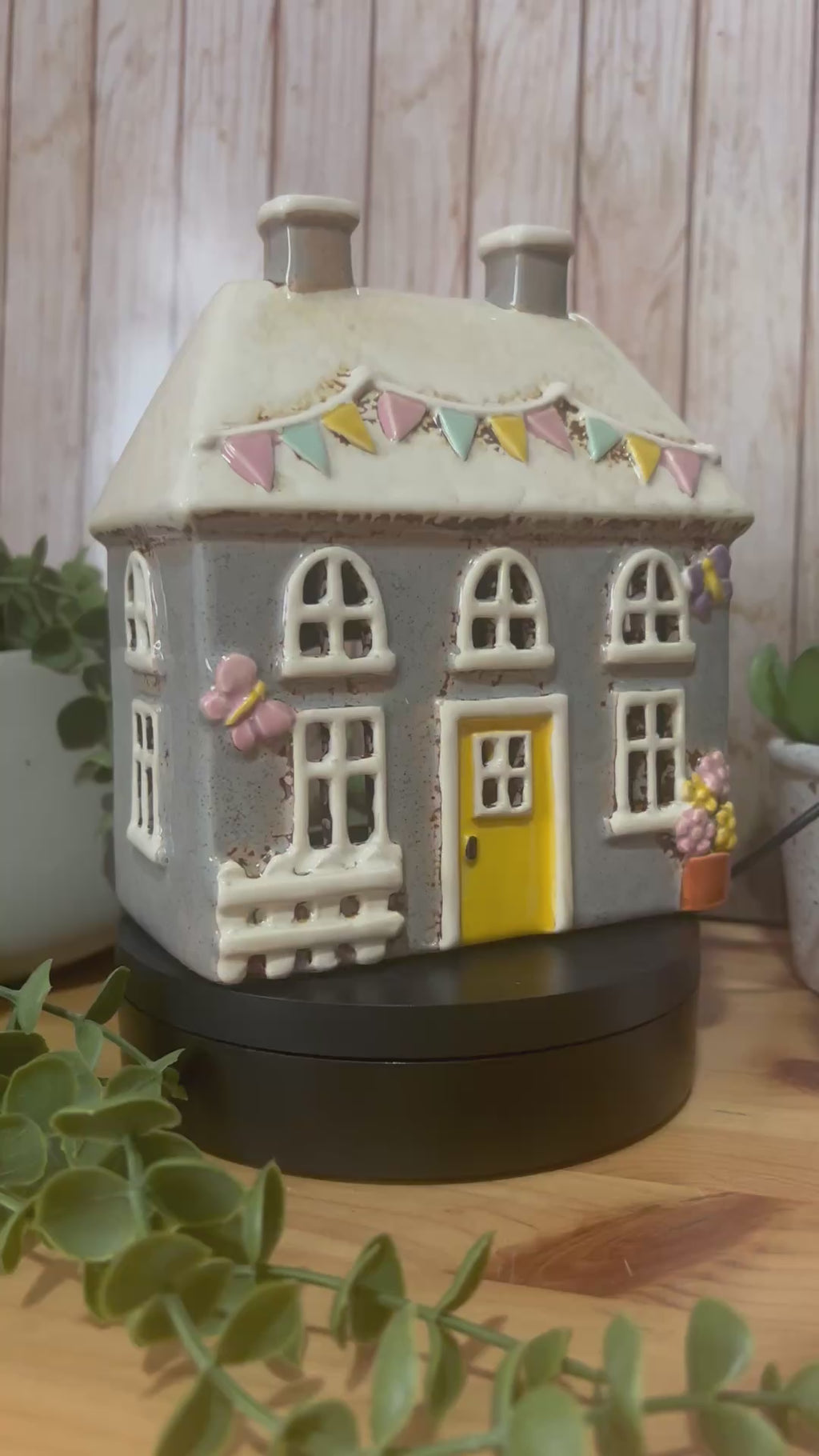 Bunting and Butterfly Covered Glazed Ceramic Tea Light House
