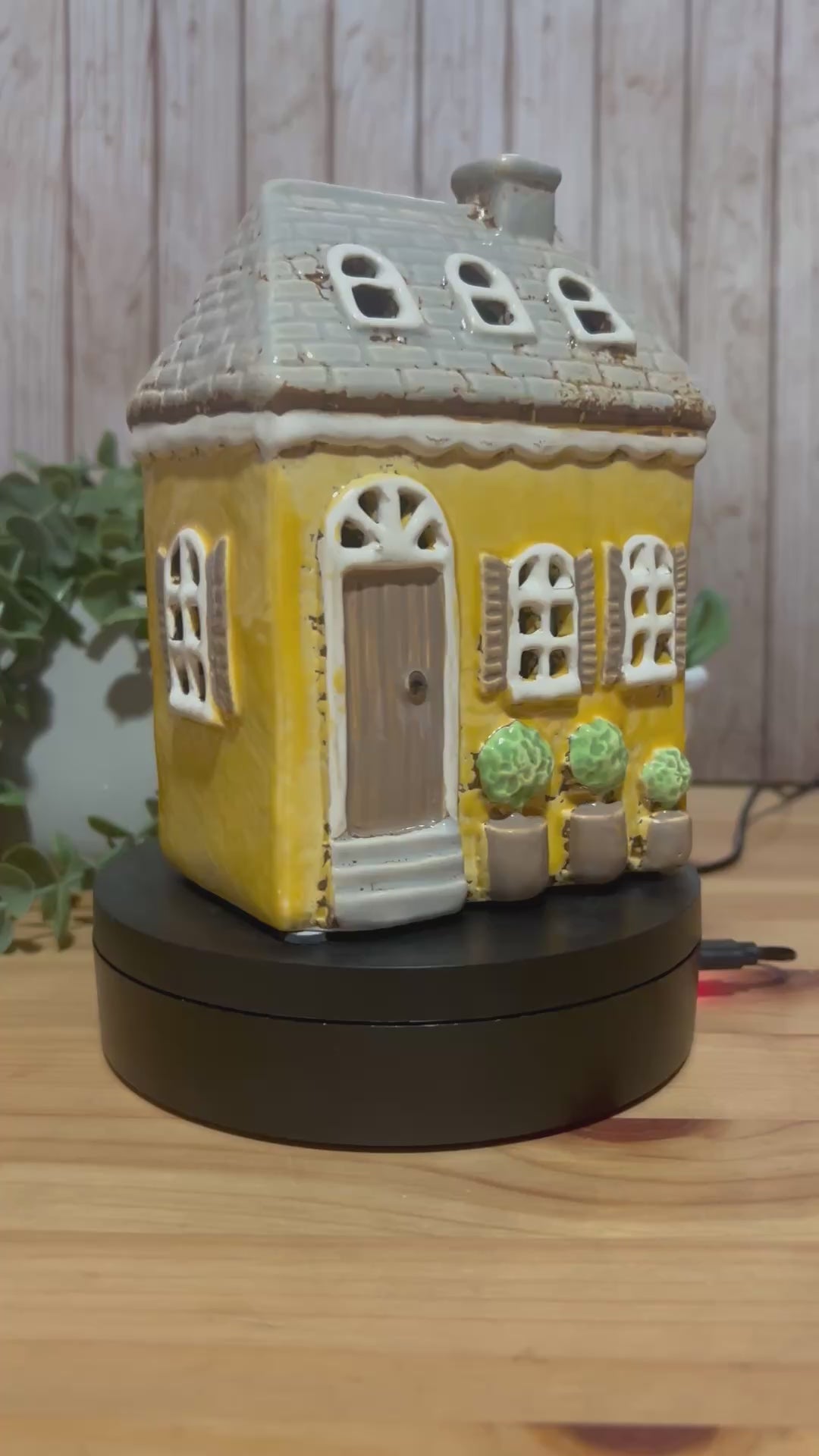 Tall Yellow House with Brown Door and Pot Plants Out Front Roof Loft Windows
