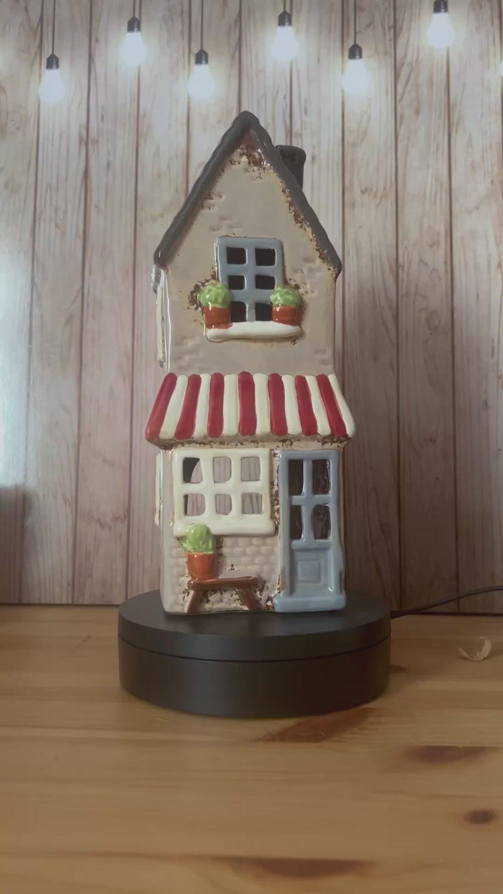 Tall Glazed Ceramic House with Bench, Pot Plants and Awning